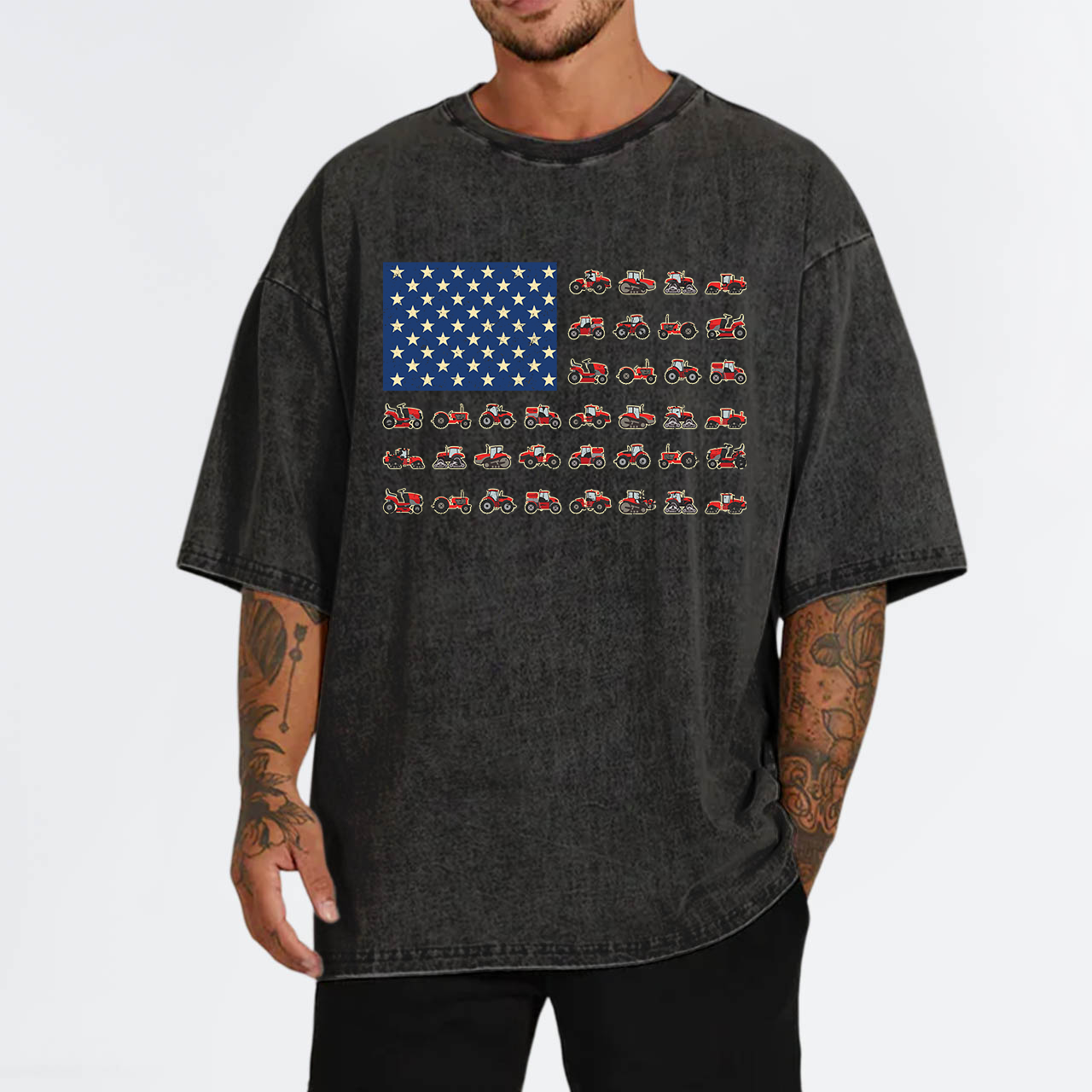 Farming Vehicles Cars Vintage Patriotic American Flag Garment-dye Tees