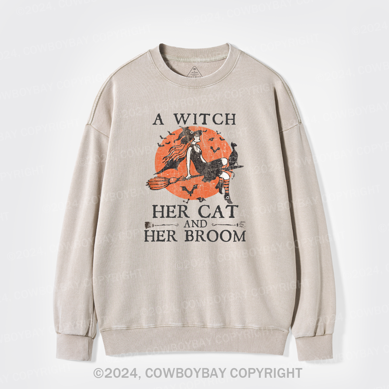 Witch Cat Broom Halloween Washed Sweatshirts