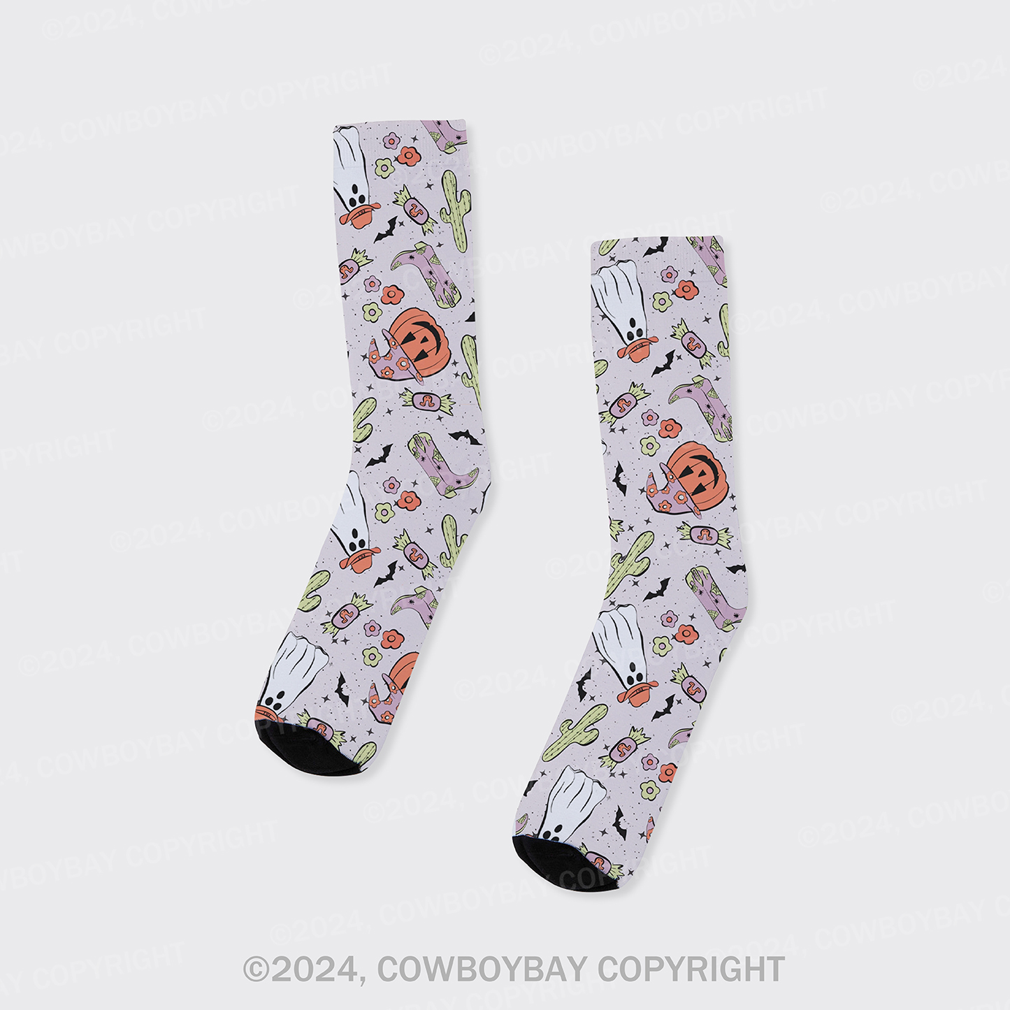 Western Spooky Cactus And Ghosts Printed Cotton Socks