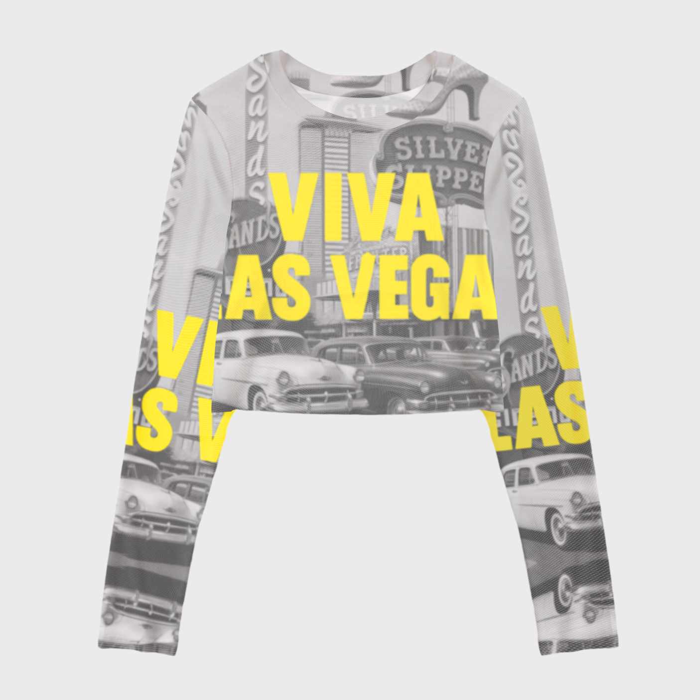 Retro Las Vegas Print Mesh Crop Long Sleeves