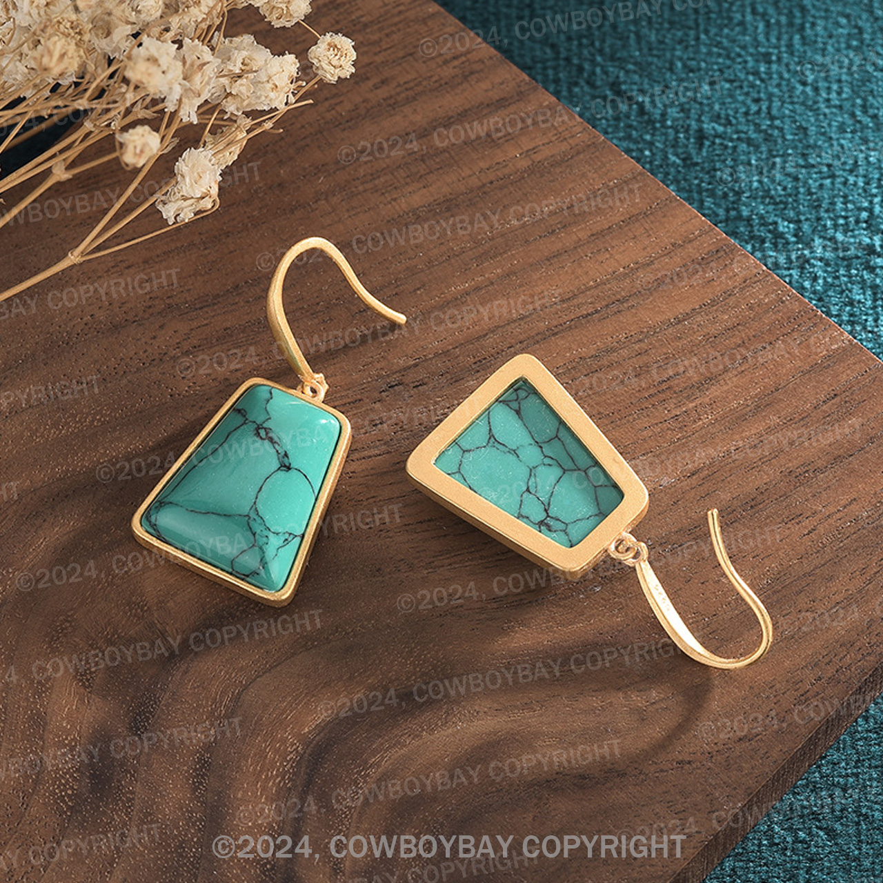 Antique Gold Plated Inlaid Faux Turquoise Earrings