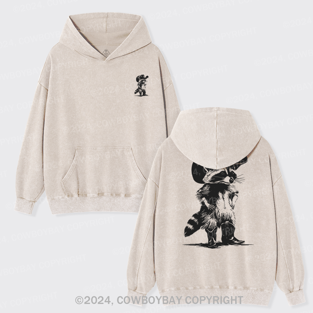 Western Vintage Cowboy Racoon Garment-Dye Hoodies