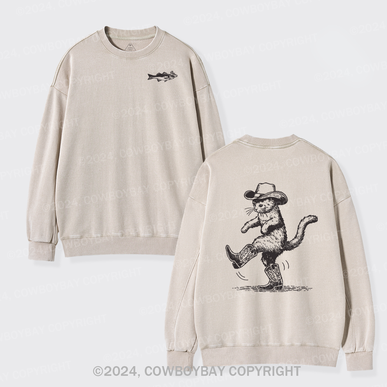 Cowboy Cat Looking for Fish Washed Sweatshirts