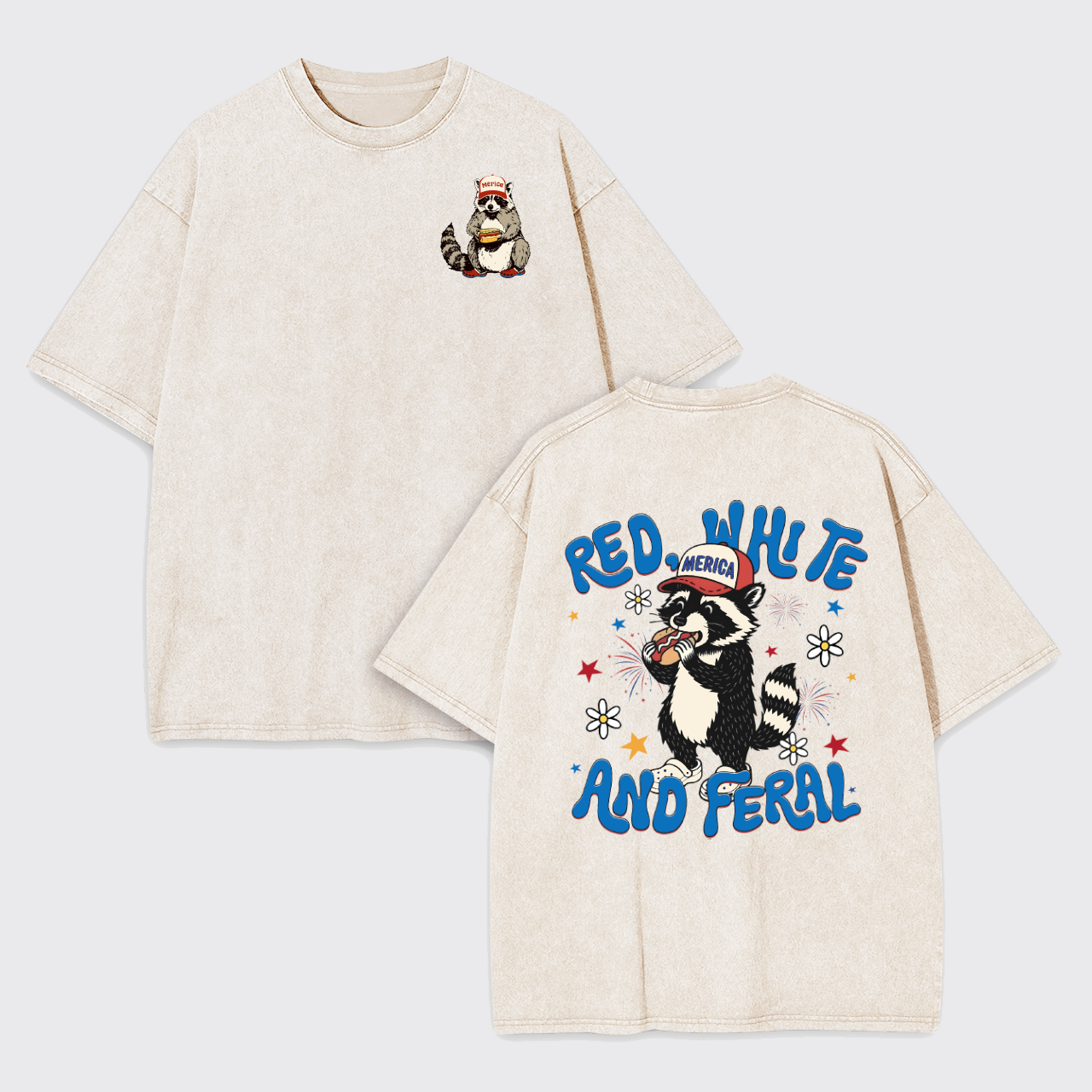Funny Raccoon-Red White And Feral Garment-dye Tees