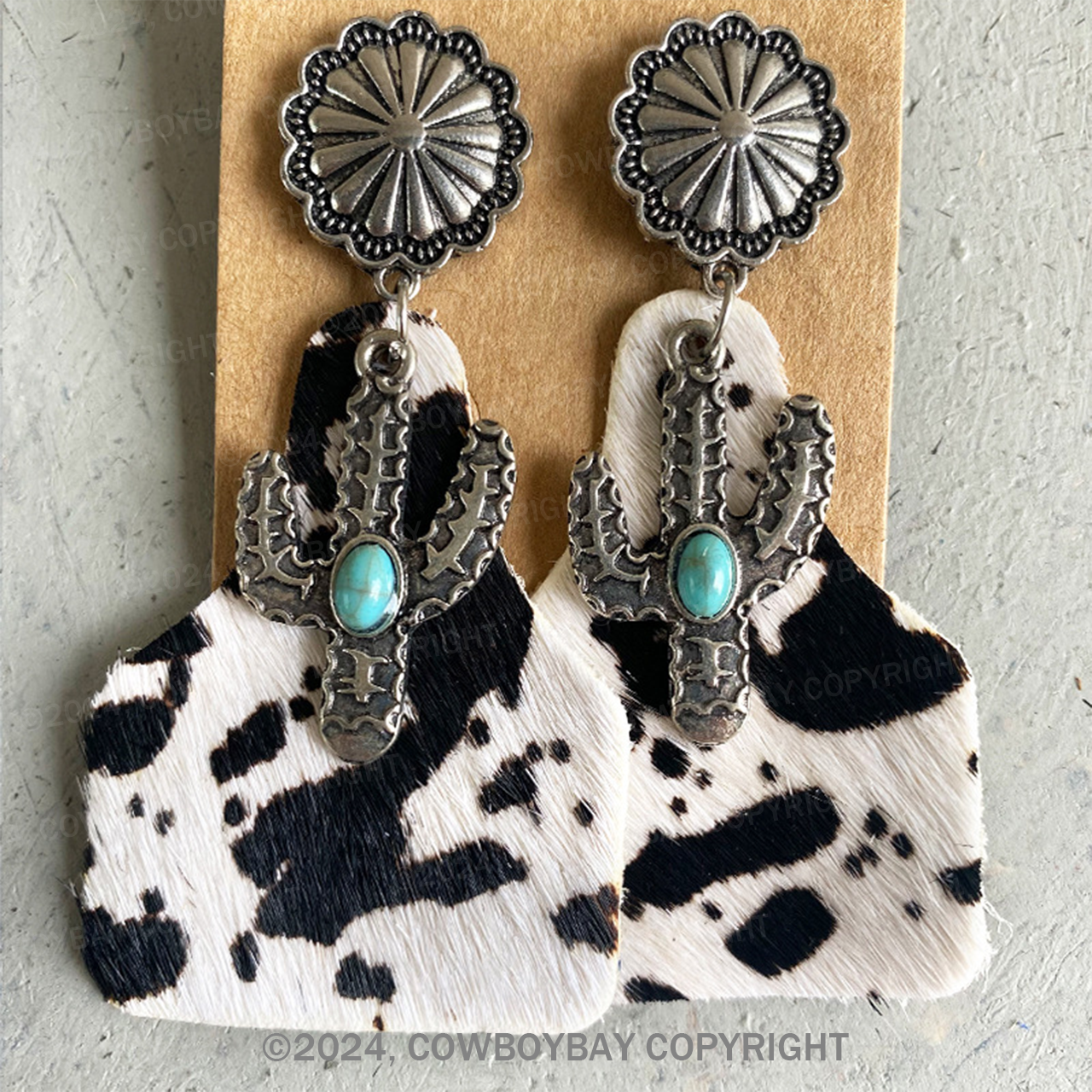 Holstein Horsehair Cattle Tag Turquoise Earrings