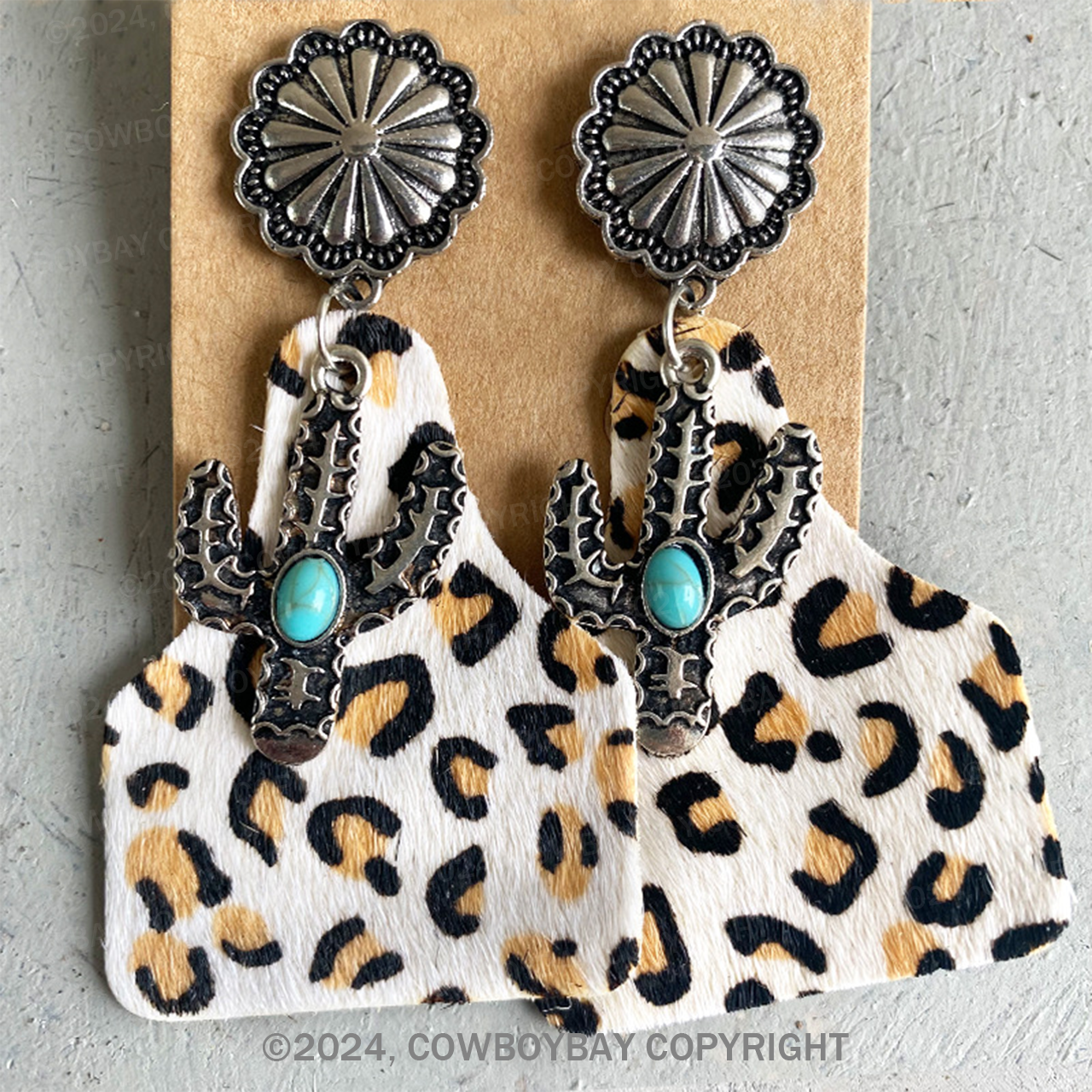 Leopard Print Horsehair Cattle Tag Turquoise Earrings
