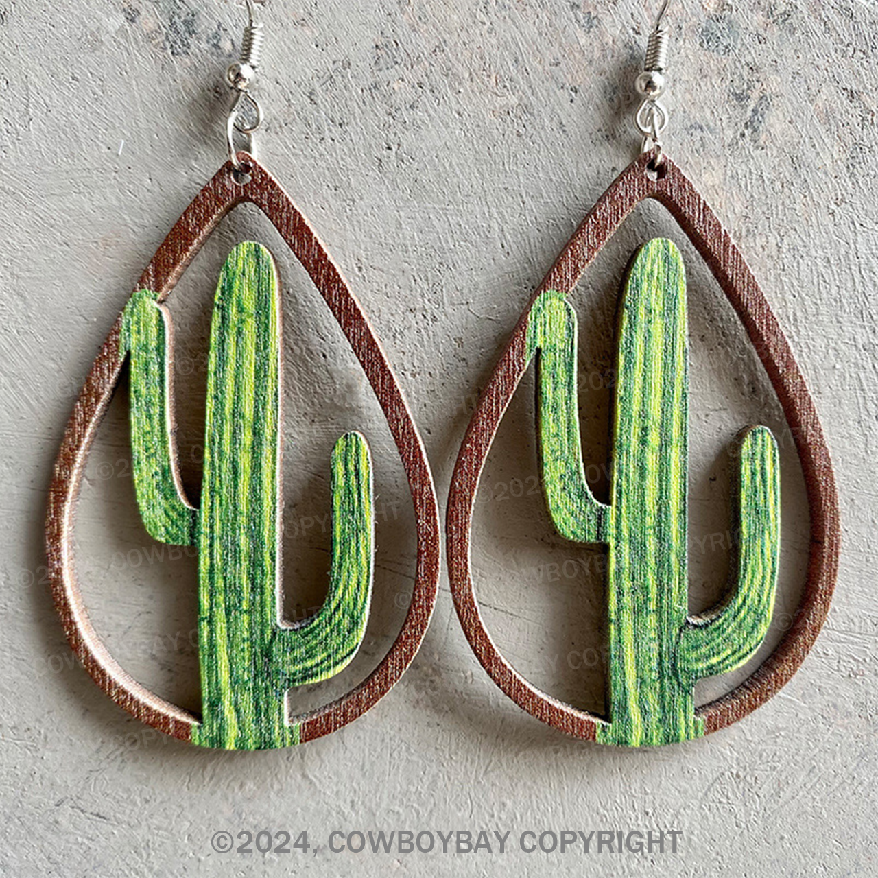 Teardrop Wooden Earrings Print Pattern Cactus