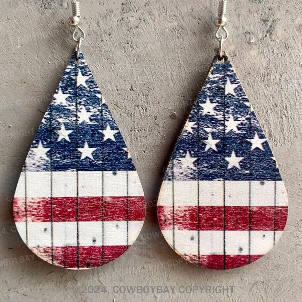 Water Drop American Flag  Wooden Western Earrings