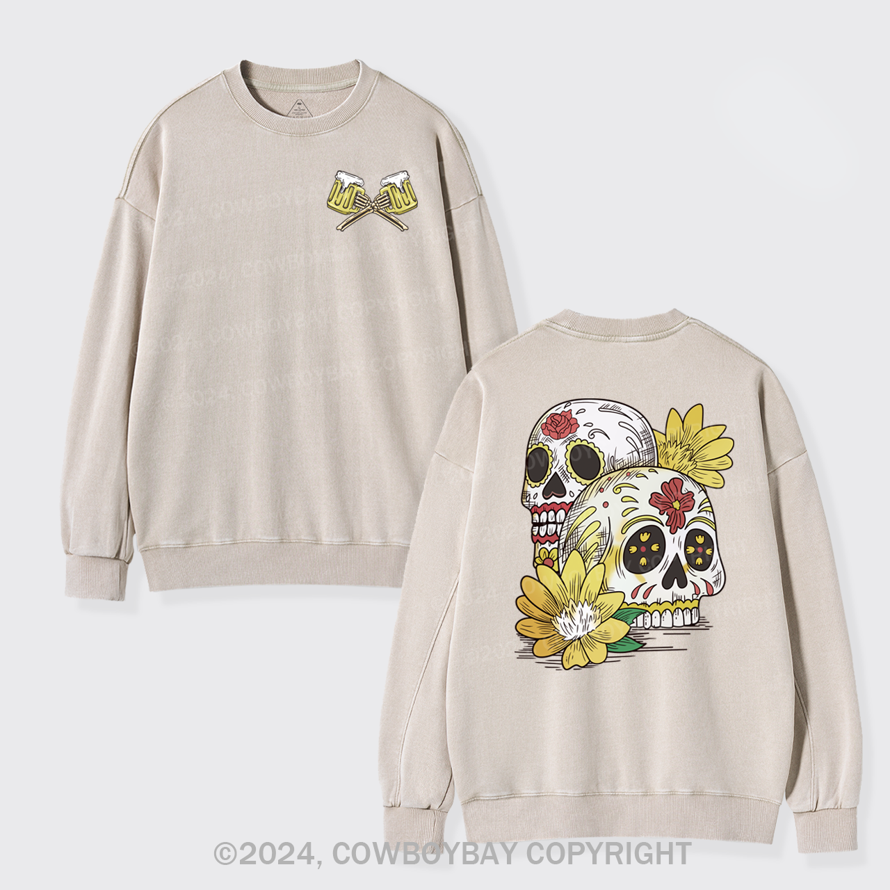 Beer Skull Montage Washed Sweatshirts