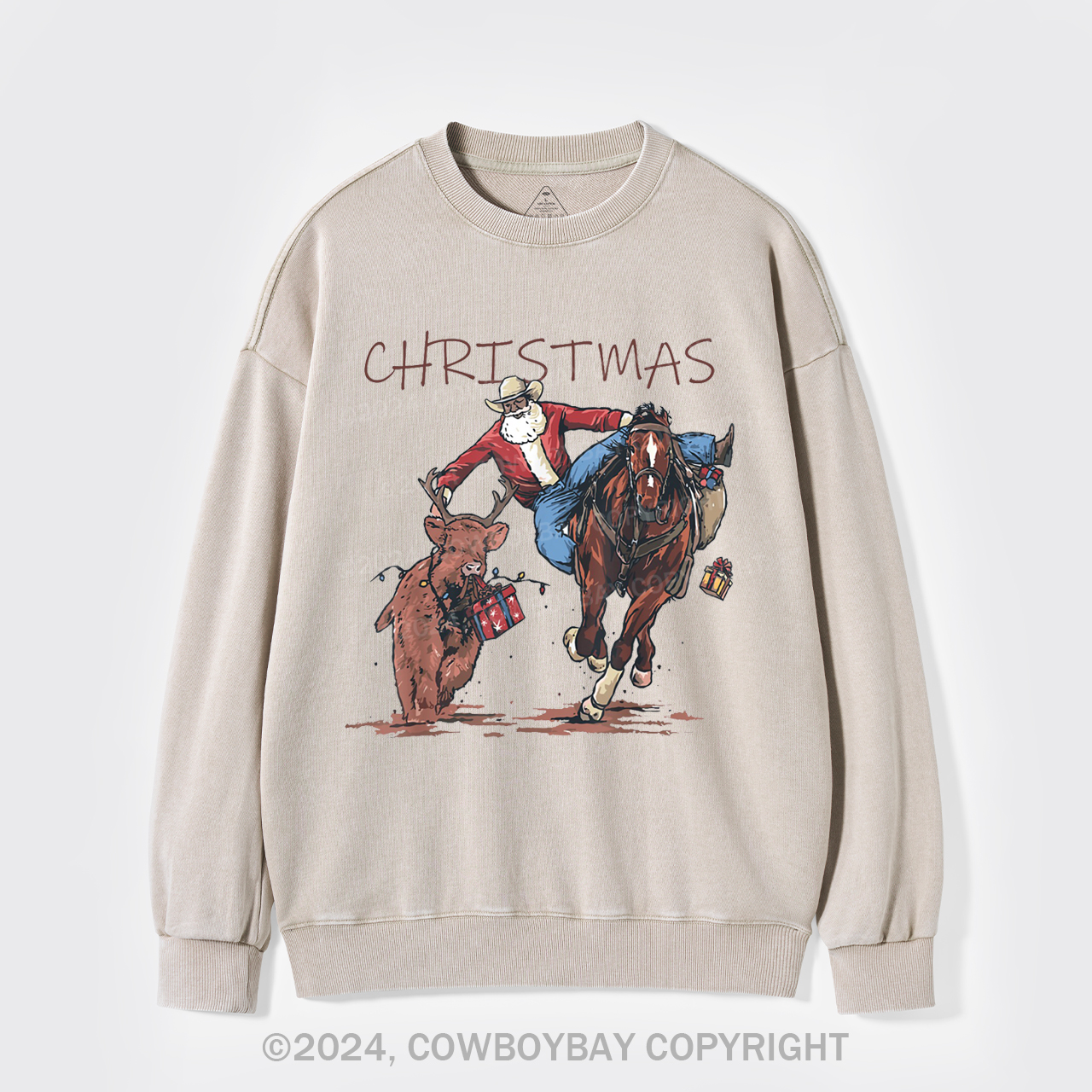Cowboy Santa Claus Bullfight Washed Sweatshirts