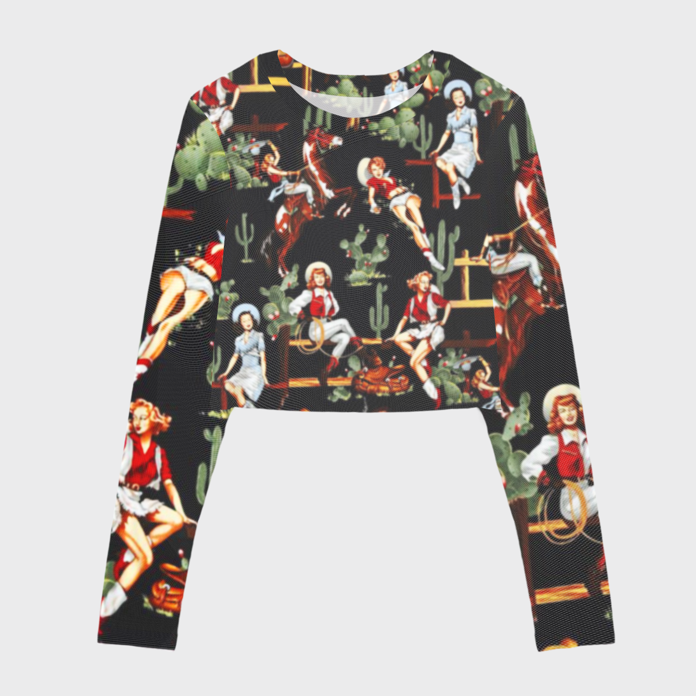 Retro Western Cowgirl Print Mesh Crop Long Sleeves