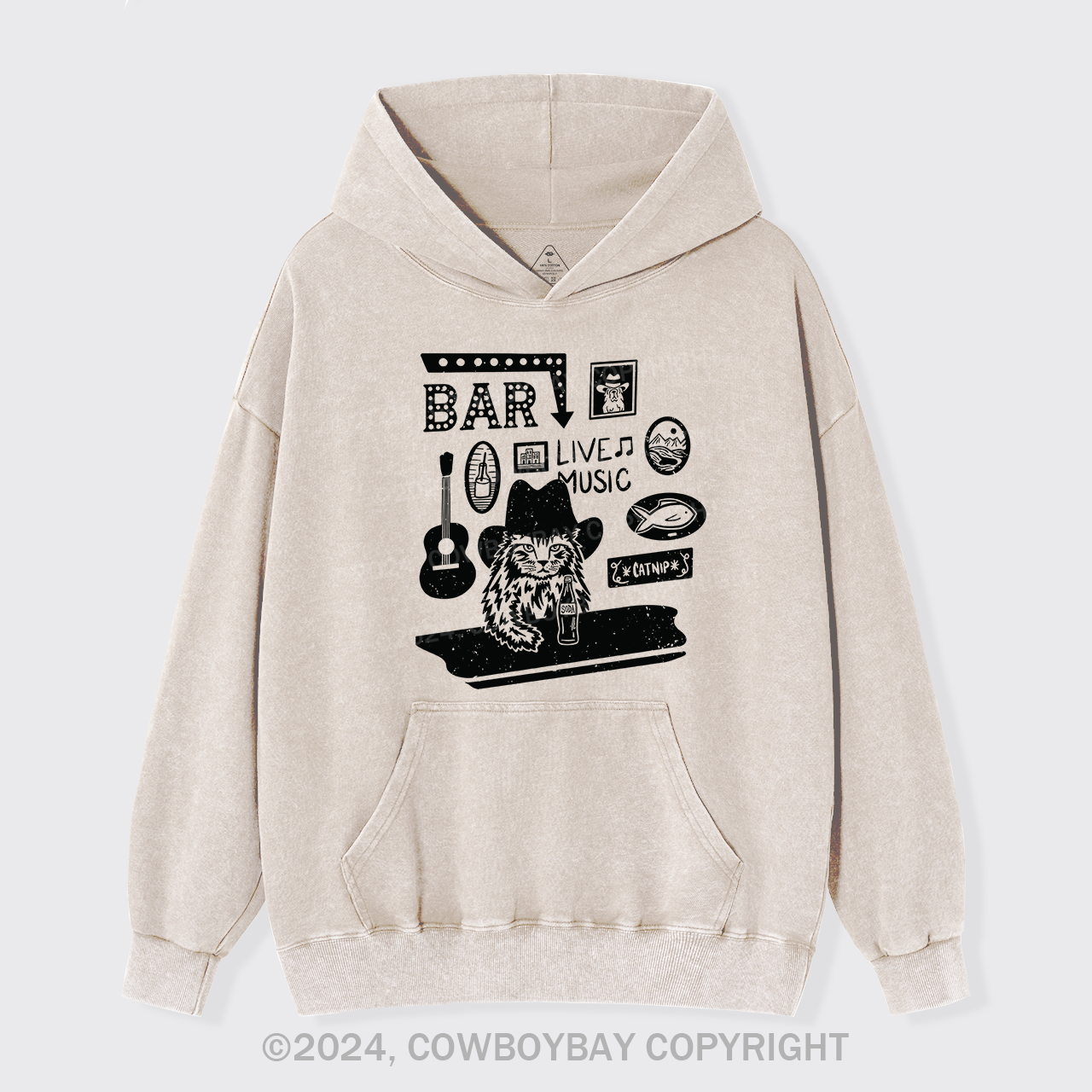 Cat with A Cowboy Hat In A Country Bar Garment-Dye Hoodies