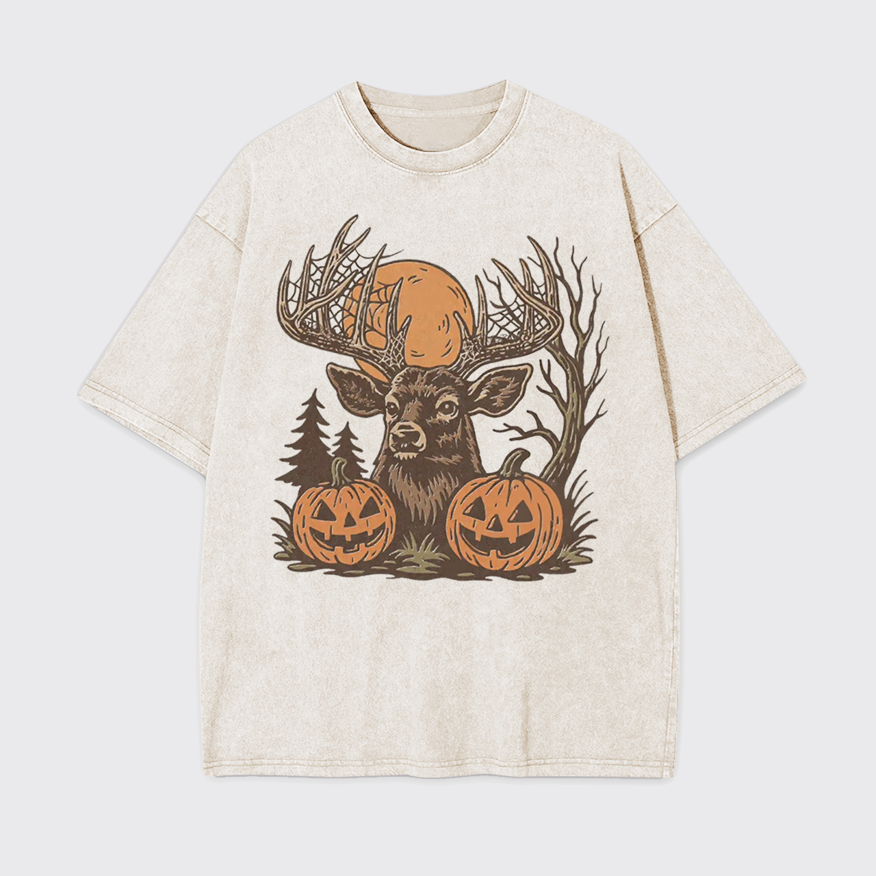 Spooky Forest Buck With Pumpkins Garment-dye Tees