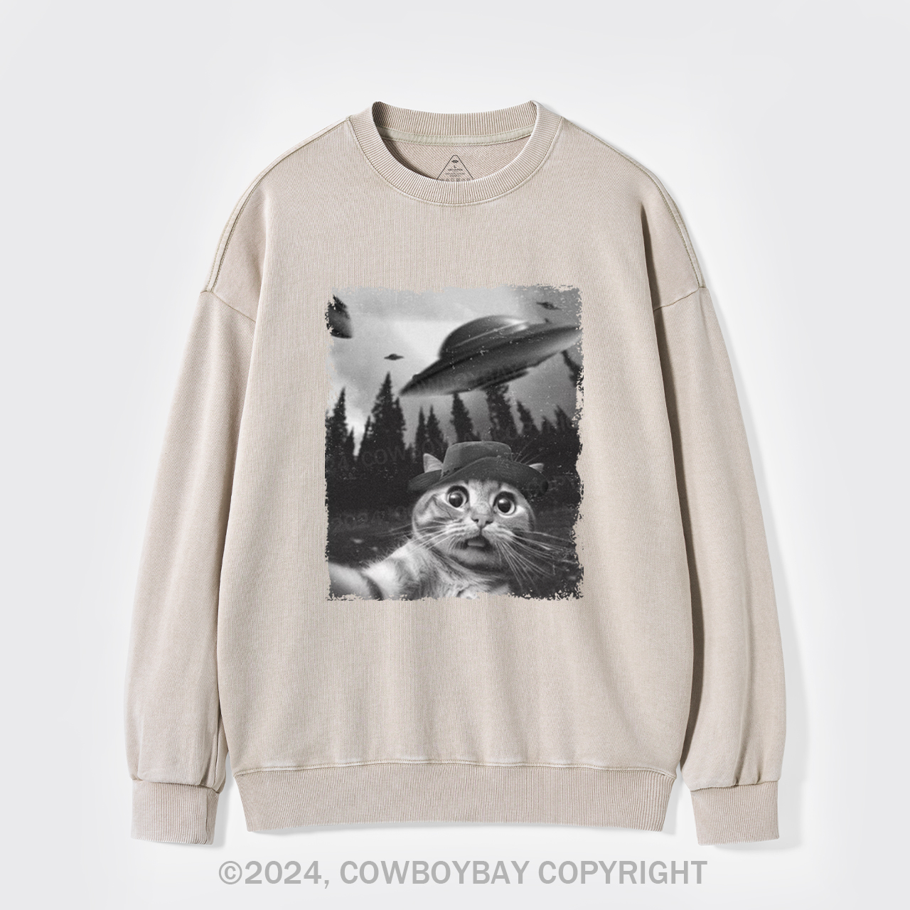 Funny Cat Selfie With UFOs Washed Sweatshirts