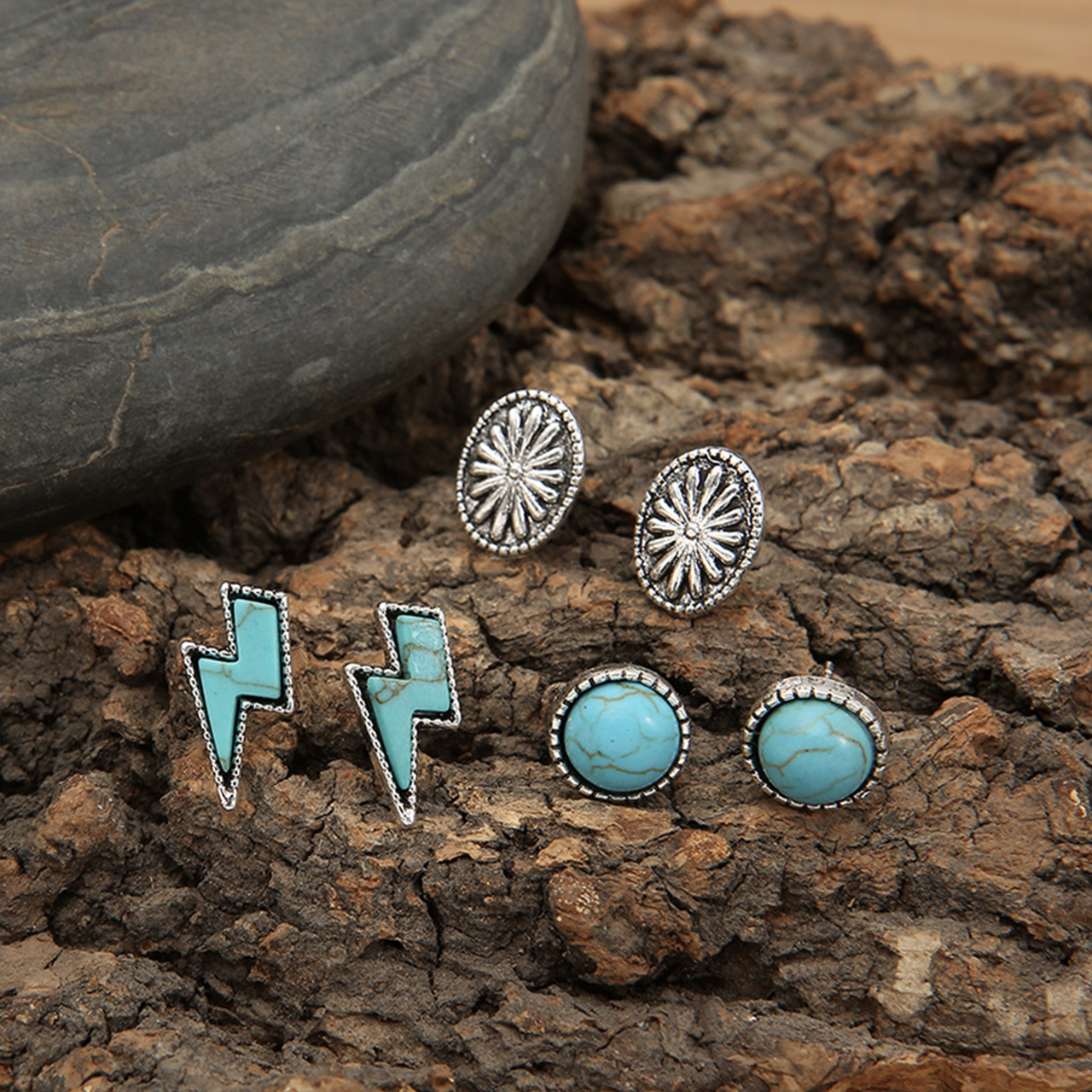 Bohemian Lightning Pumpkin Flower Turquoise Three-Piece Earring Set
