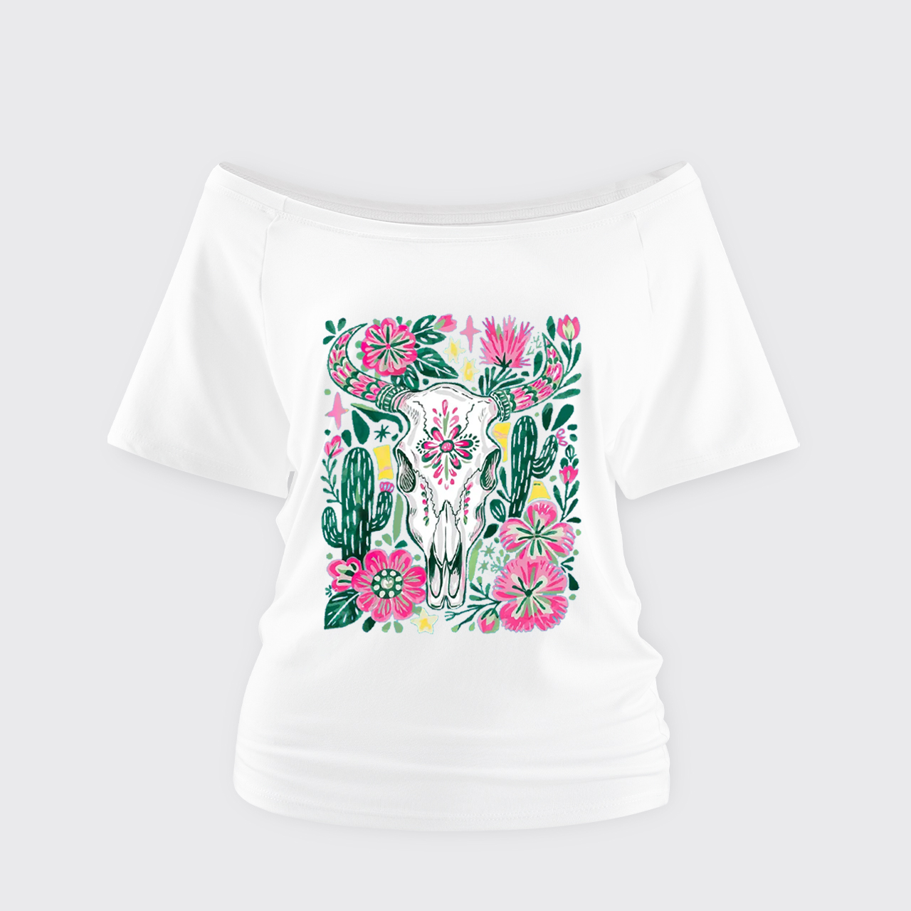 Western Floral Cow Skull Off Shoulder Top