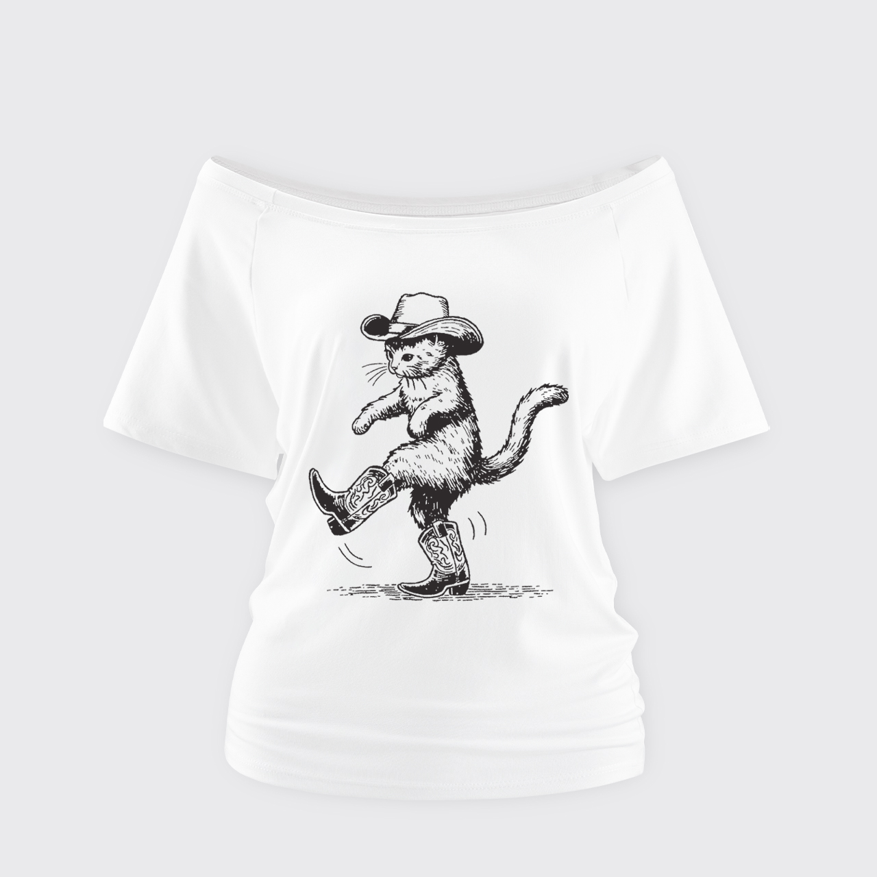 Cowboy Cat Looking For Fish Off Shoulder Top