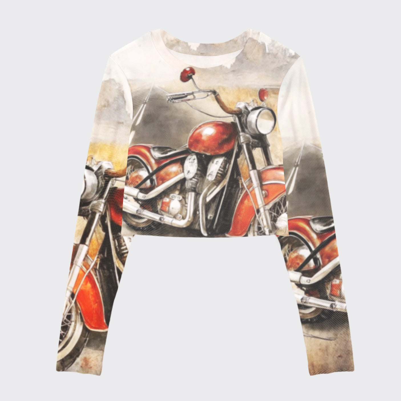Retro Motorcycle Print Mesh Crop Long Sleeves