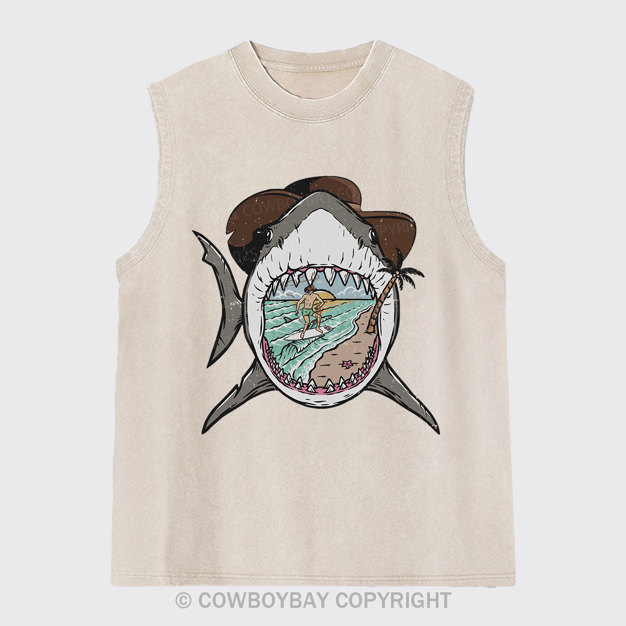Surfing Shark Cowboy Washed Tanks