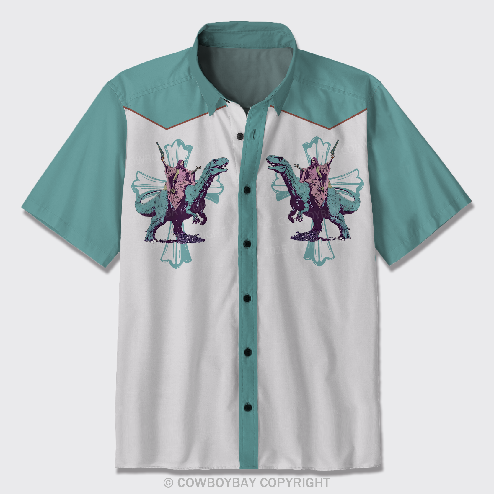 Jesus Riding A Dinosaur Button Up Shirts