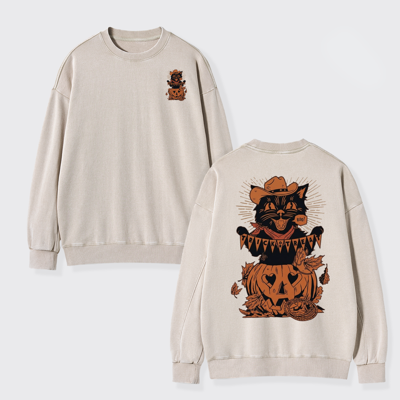 Trick Or Treat Halloween Black Cat Washed Sweatshirts