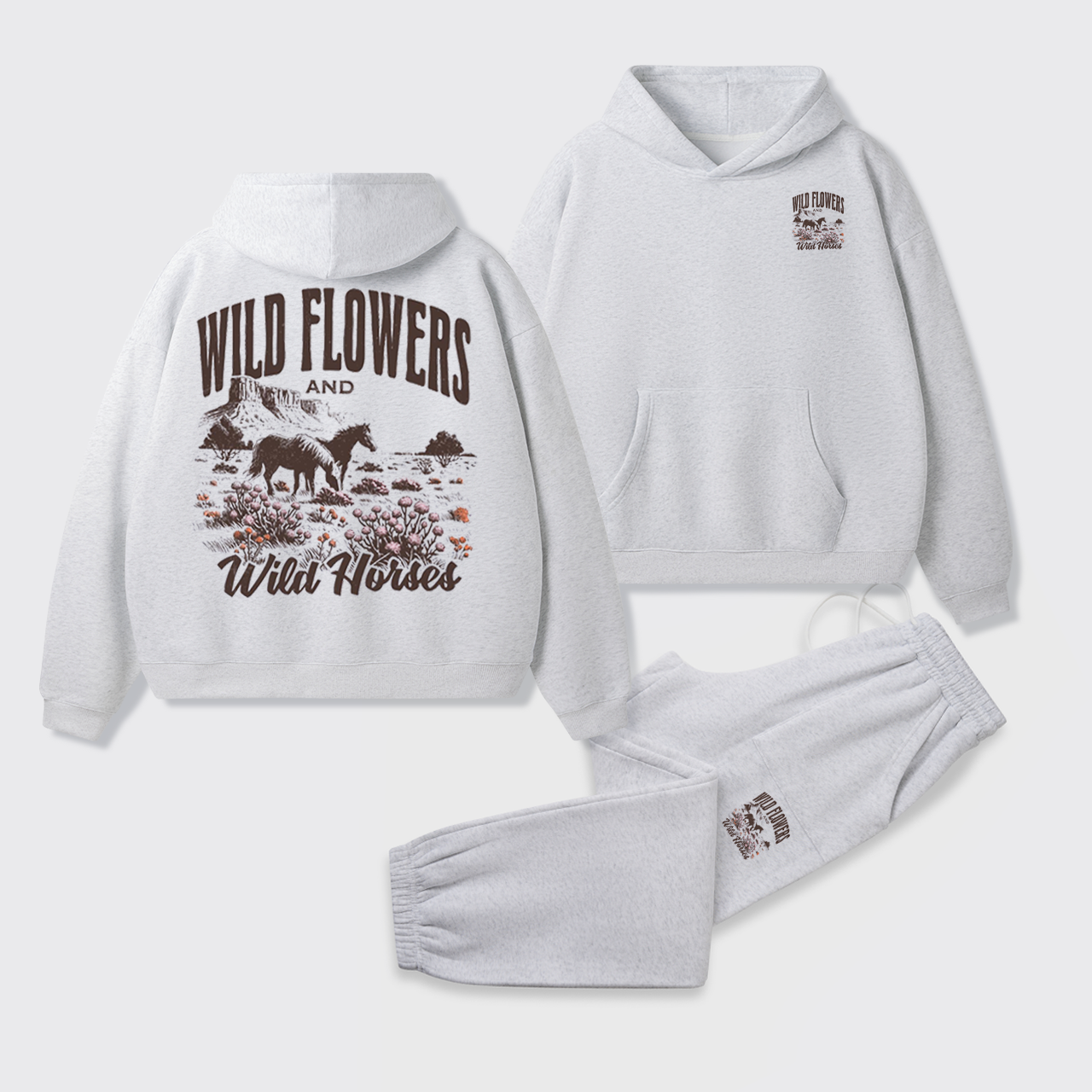 Retro Western Wildflower Wild Horses Fleece Hoodie Set