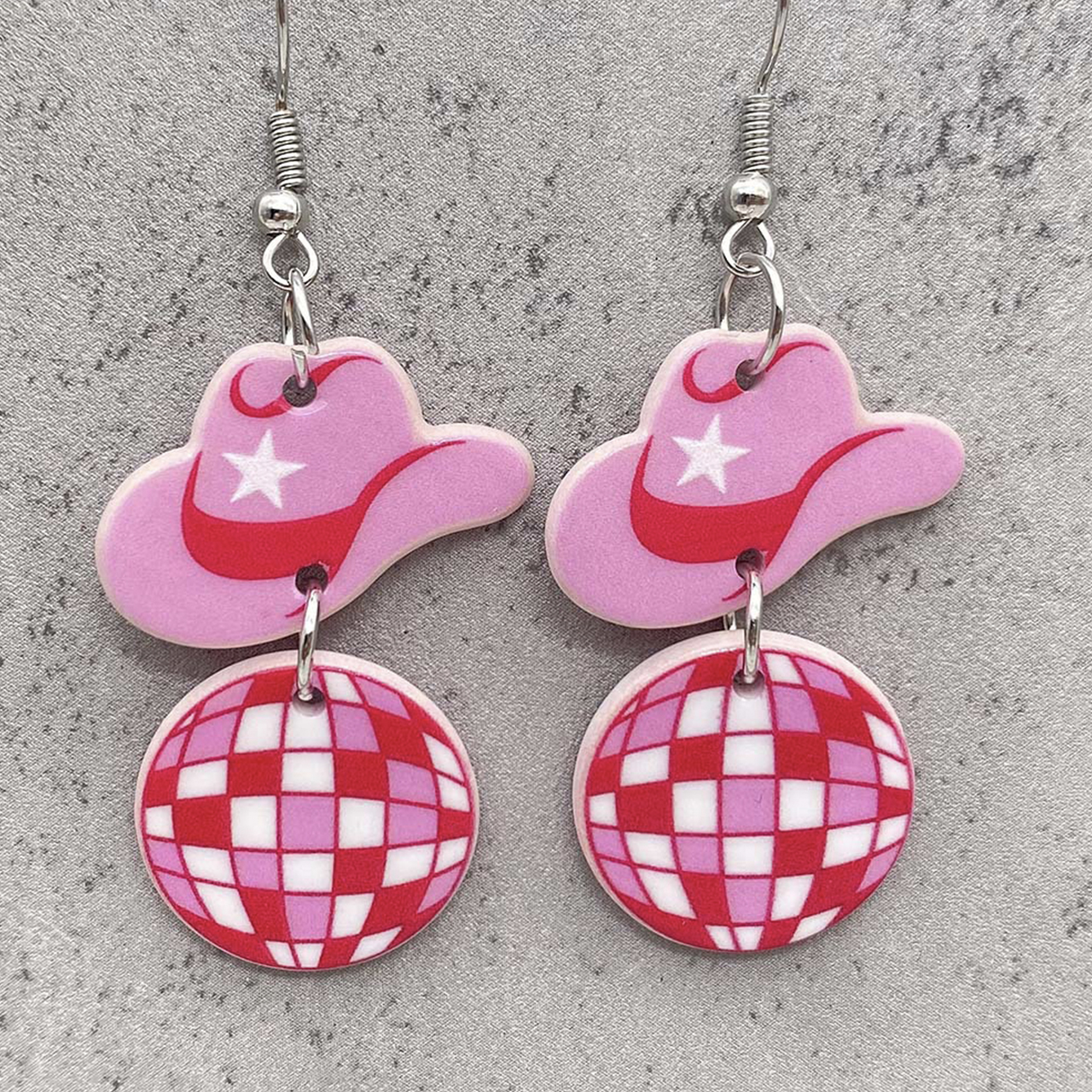 Cowboy Pink Hat Boots Balloon Acrylic Earrings
