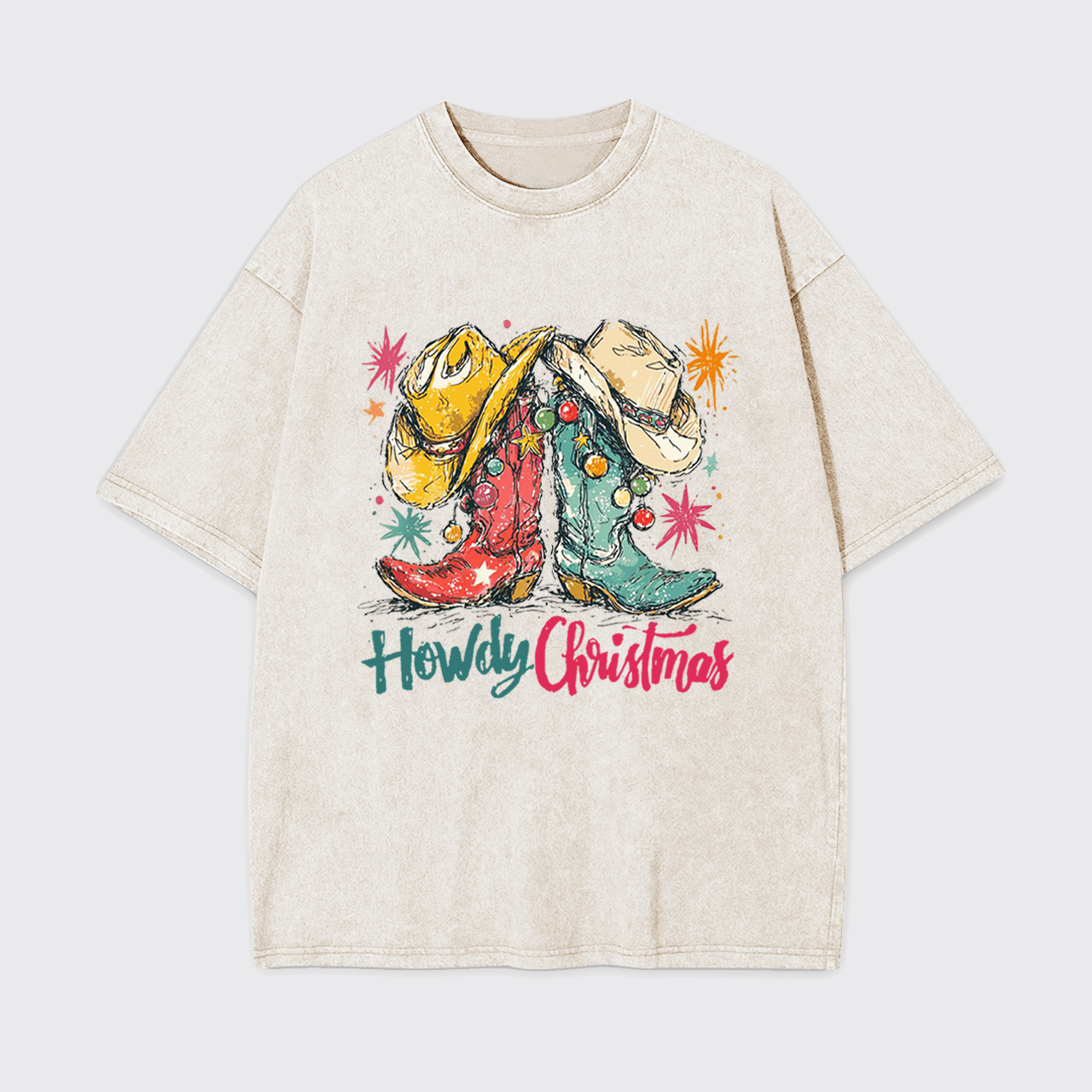 Howdy Christmas Western Cowboy Boot Garment-dye Tees