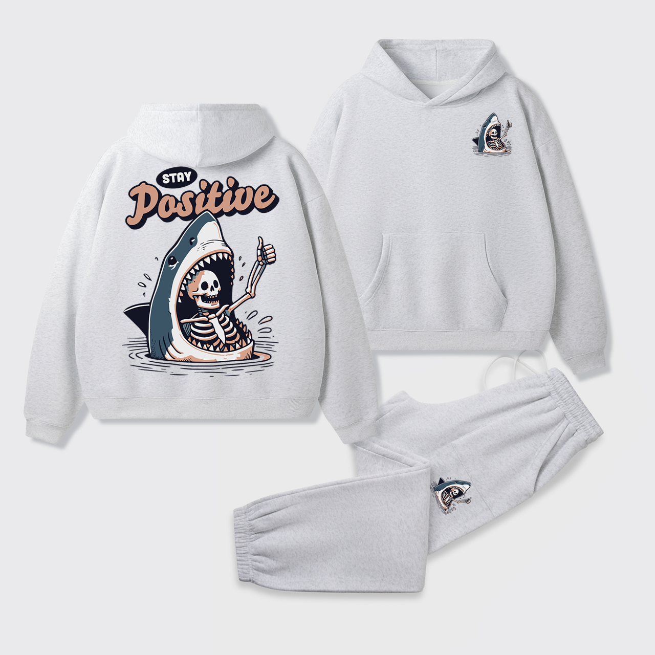 Fleece Stay Positive Funny Shark and Skeleton Hoodie Set