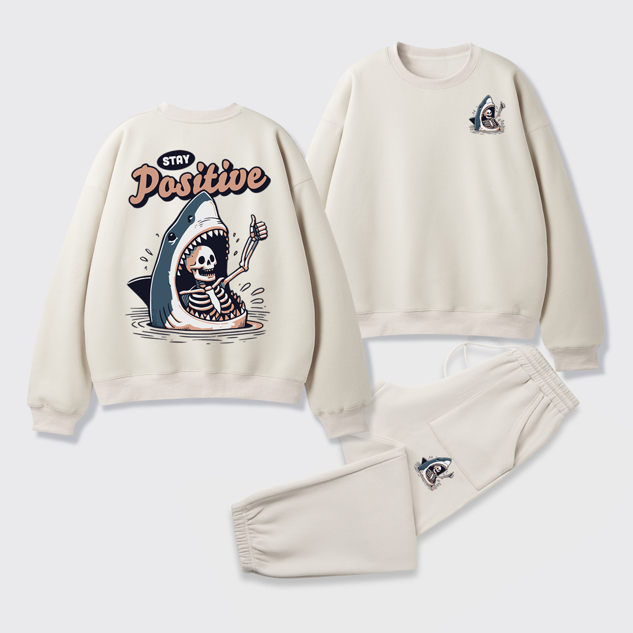 Fleece Stay Positive Funny Shark and Skeleton Sweatshirt Set