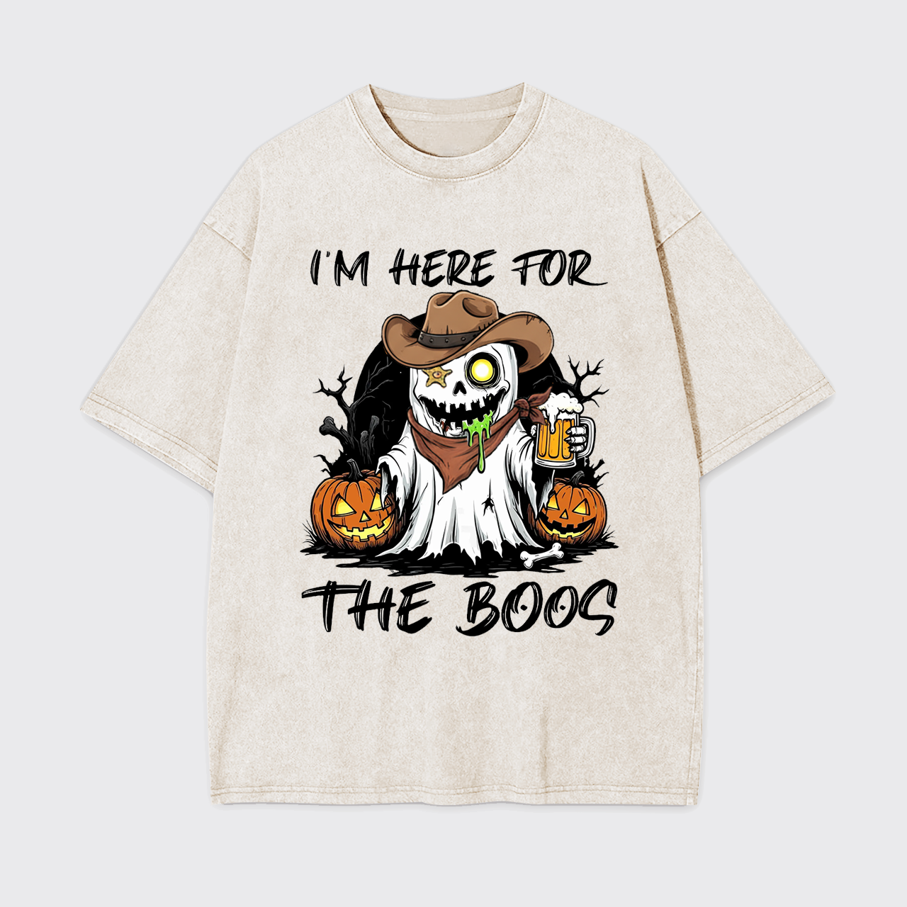 Funny Halloween Ghost and Beer Garment-dye Tees