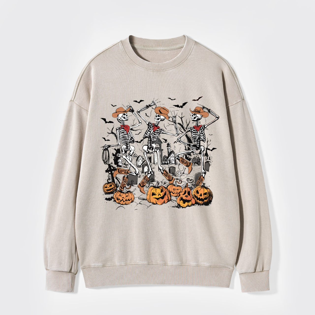 Retro Halloween Skeleton Cowboy Washed Sweatshirts