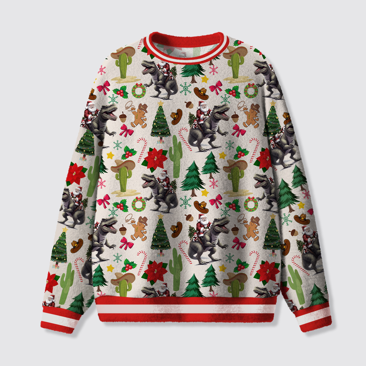 Cowboy Riding Dinosaur Christmas Ugly Knit Sweatshirt