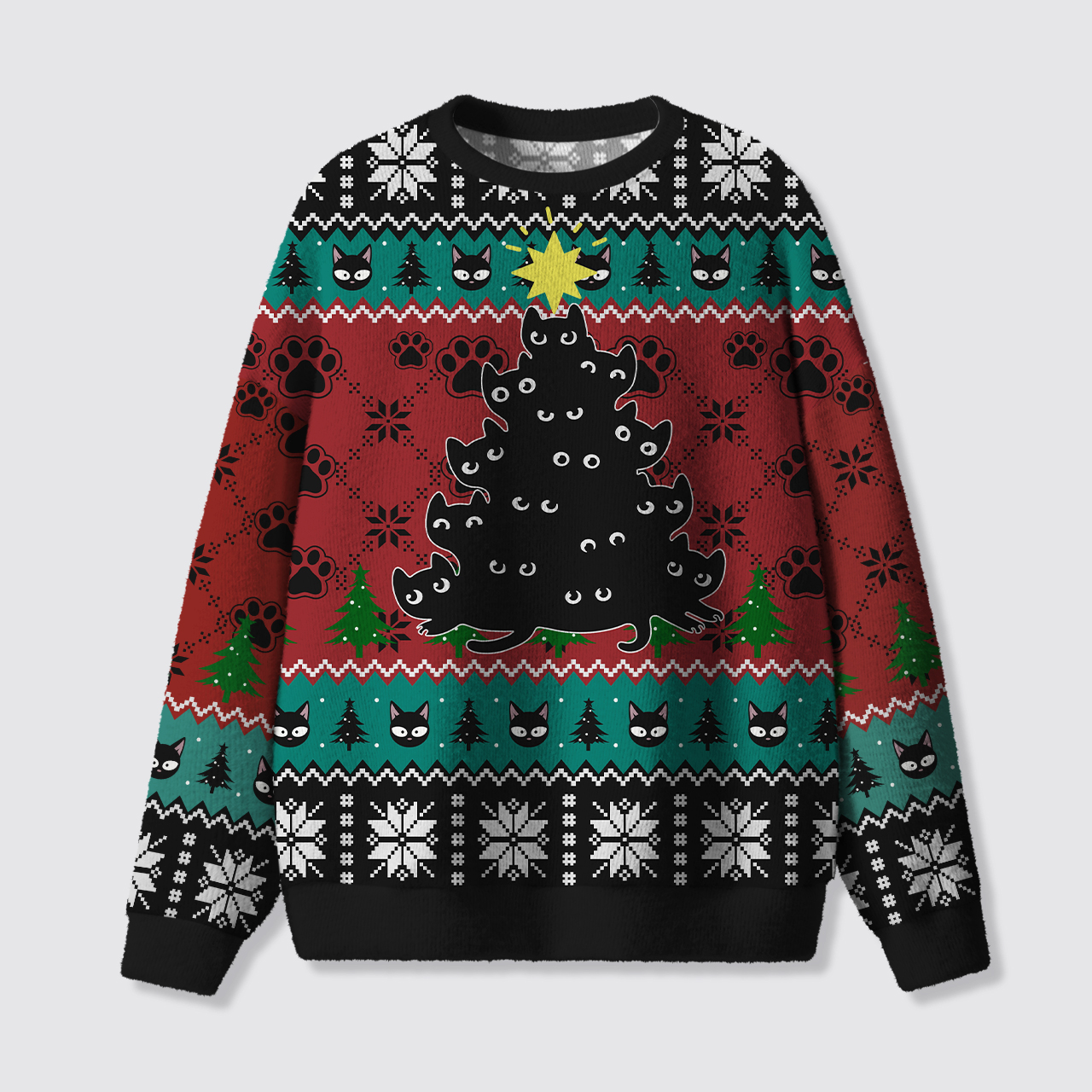 Cute Black Cat Christmas Tree Ugly Knit Sweatshirt