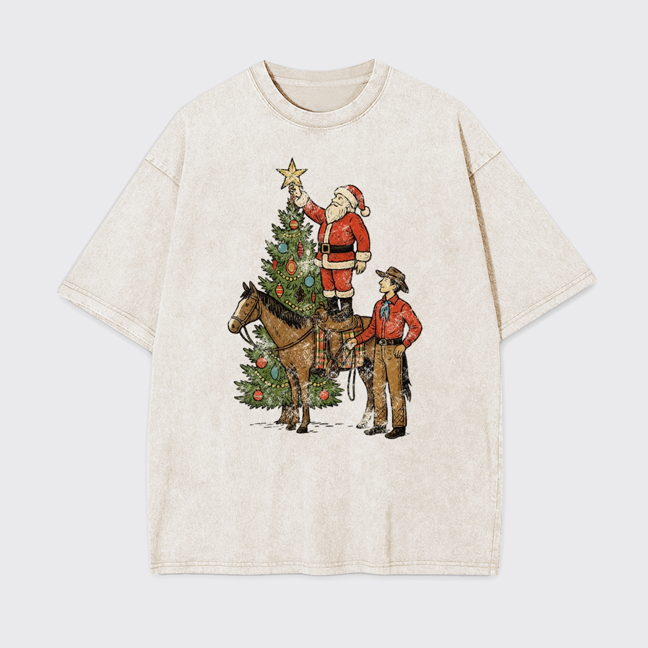 Vintage Santa and Cowboy Christmas Tree Garment-dye Tees
