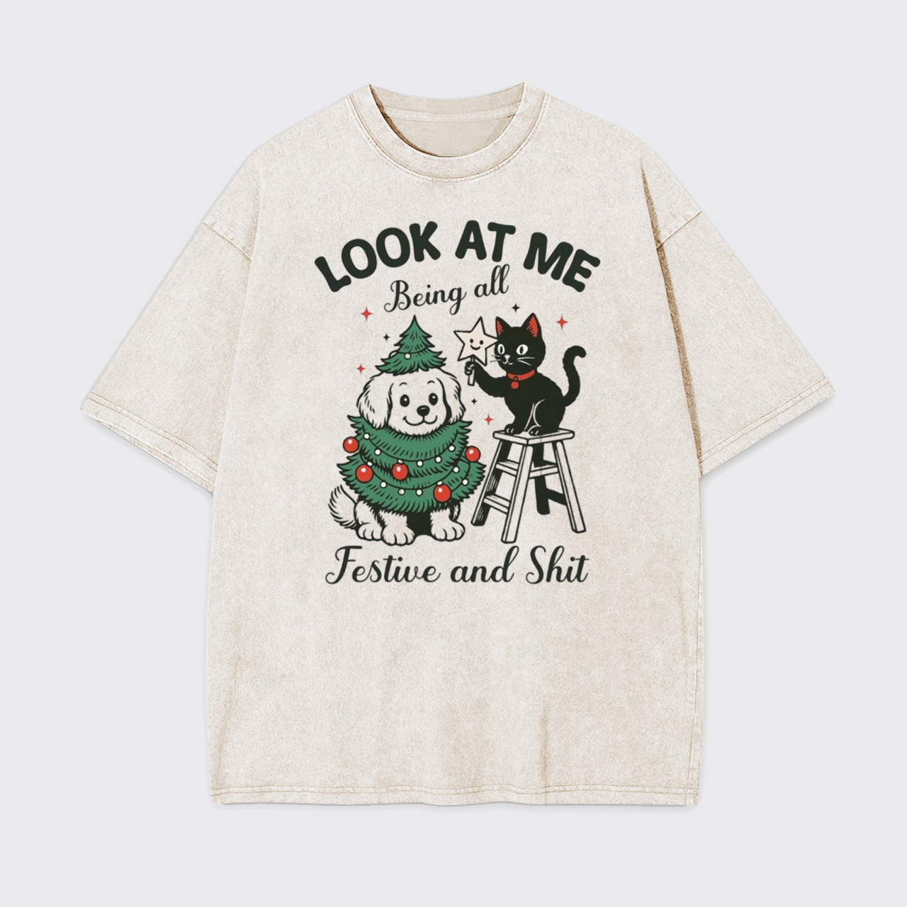 Look At Me Black Cat Christmas Garment-dye Tees