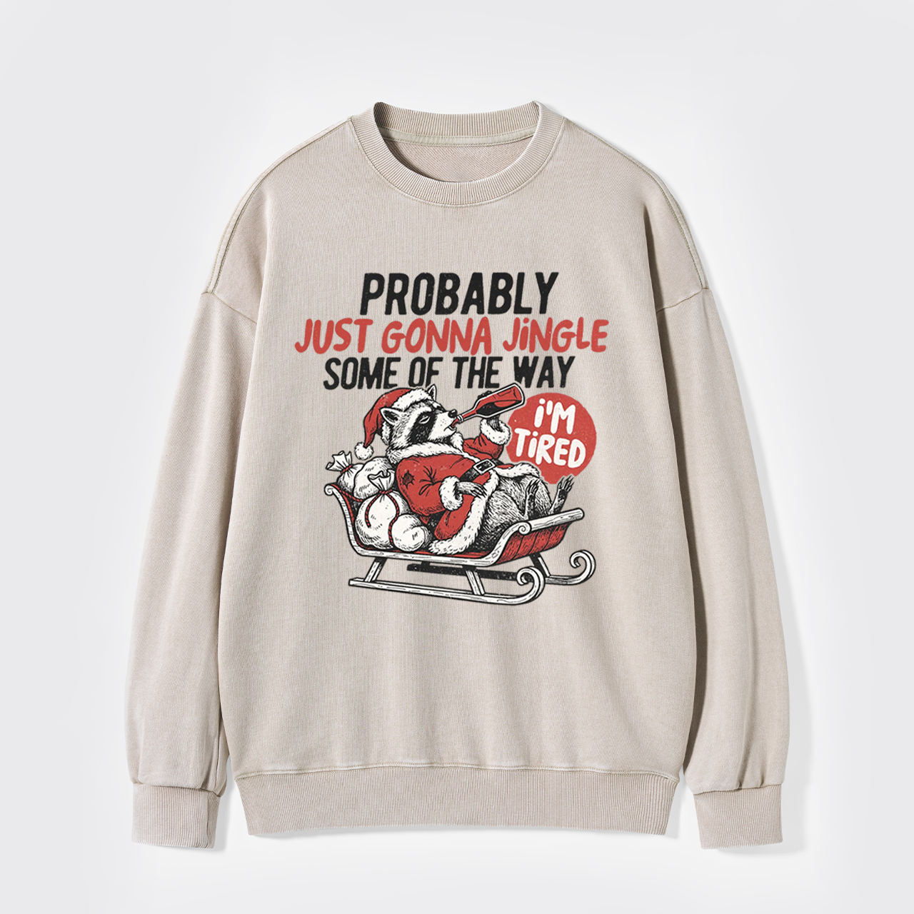 Humorous Christmas Tired Raccoon Washed Sweatshirts