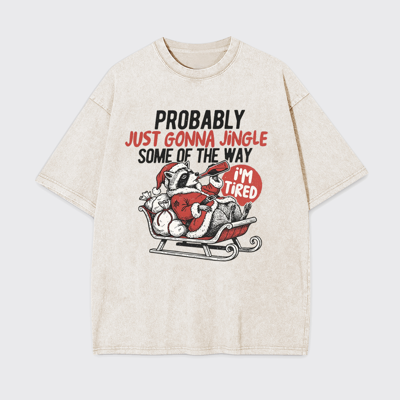 Humorous Christmas Tired Raccoon Garment-dye Tees