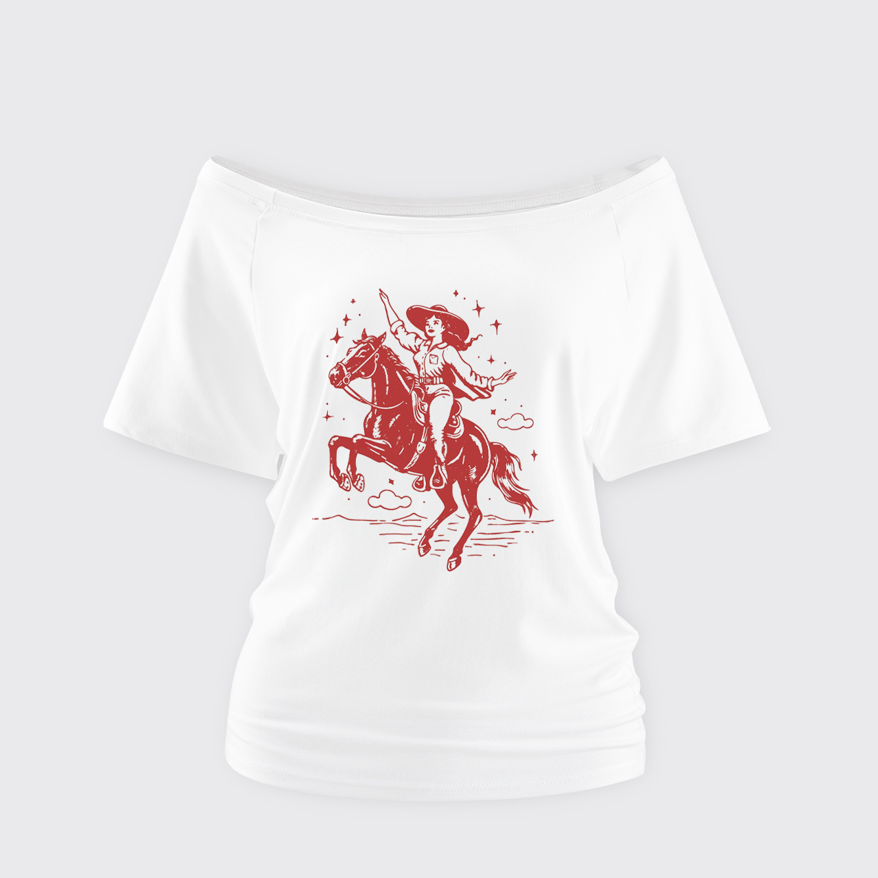 Rodeo Cowgirl Riding Horse Off Shoulder Top