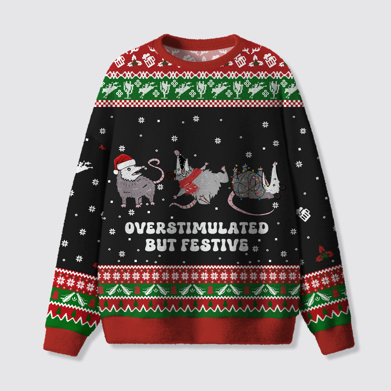 Overstimulated But Festive Possum Ugly Knit Sweatshirt