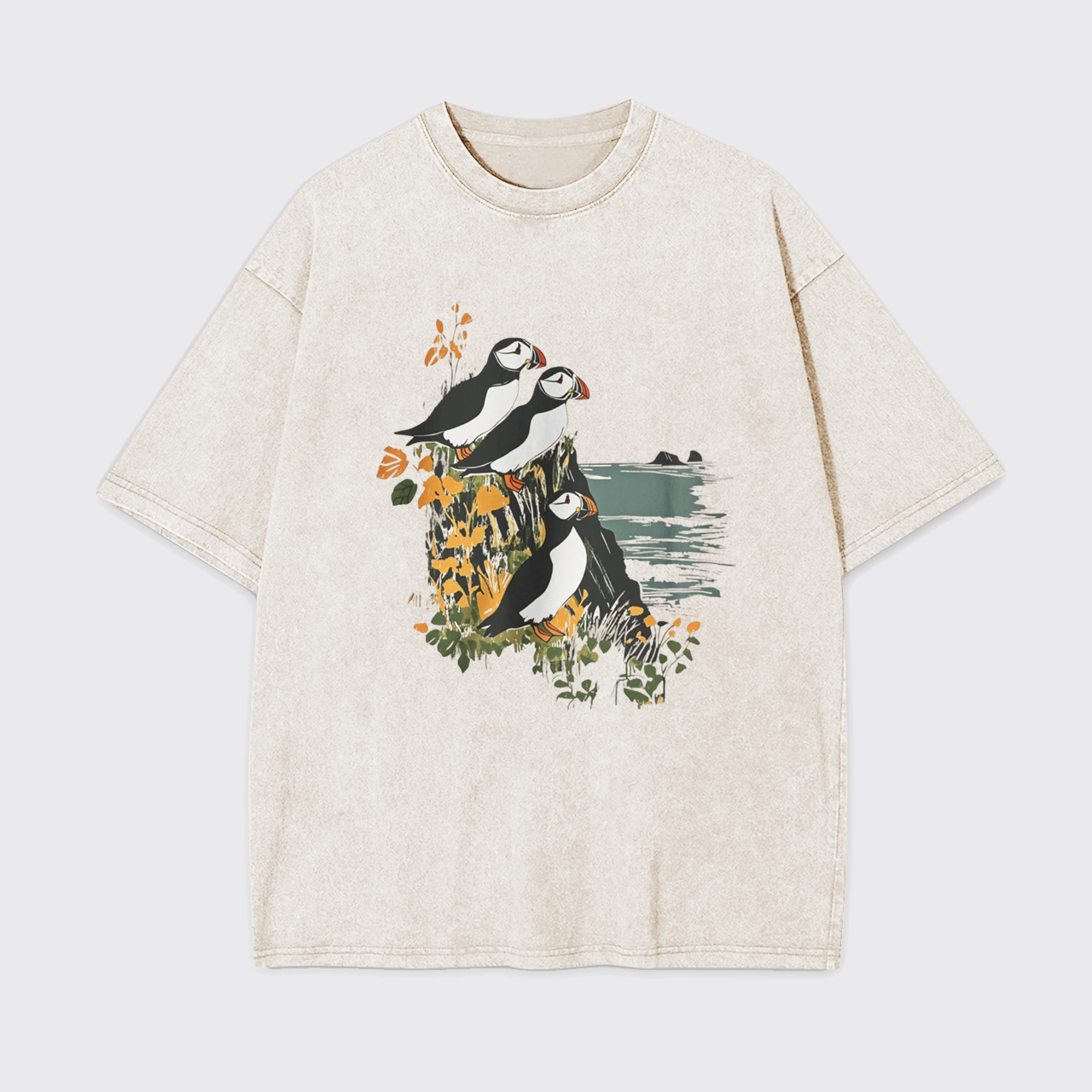 Atlantic Cliffside Puffins Bird Watcher Garment-dye Tees