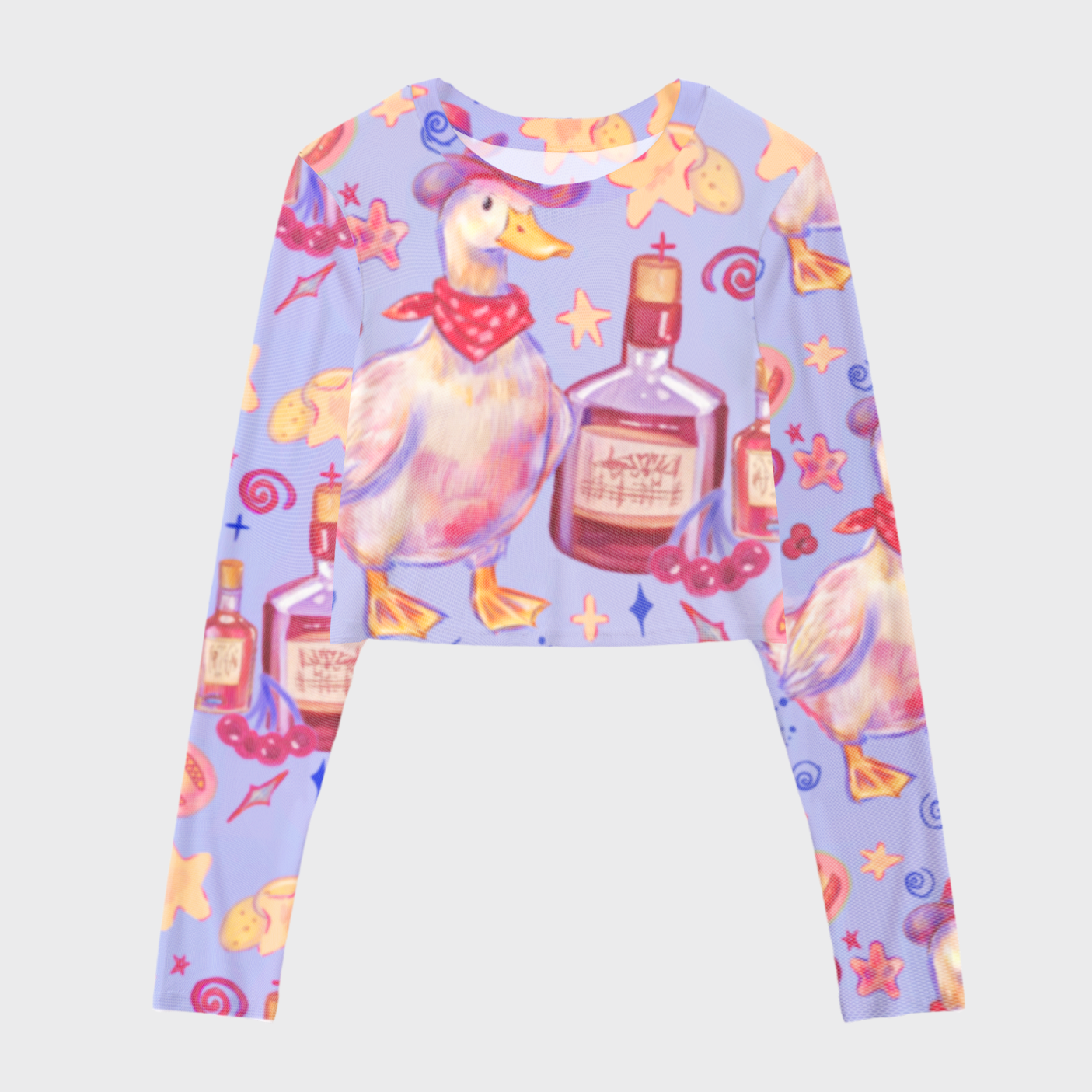 Fun Goose And Wine Bottle Print Mesh Crop Long Sleeves