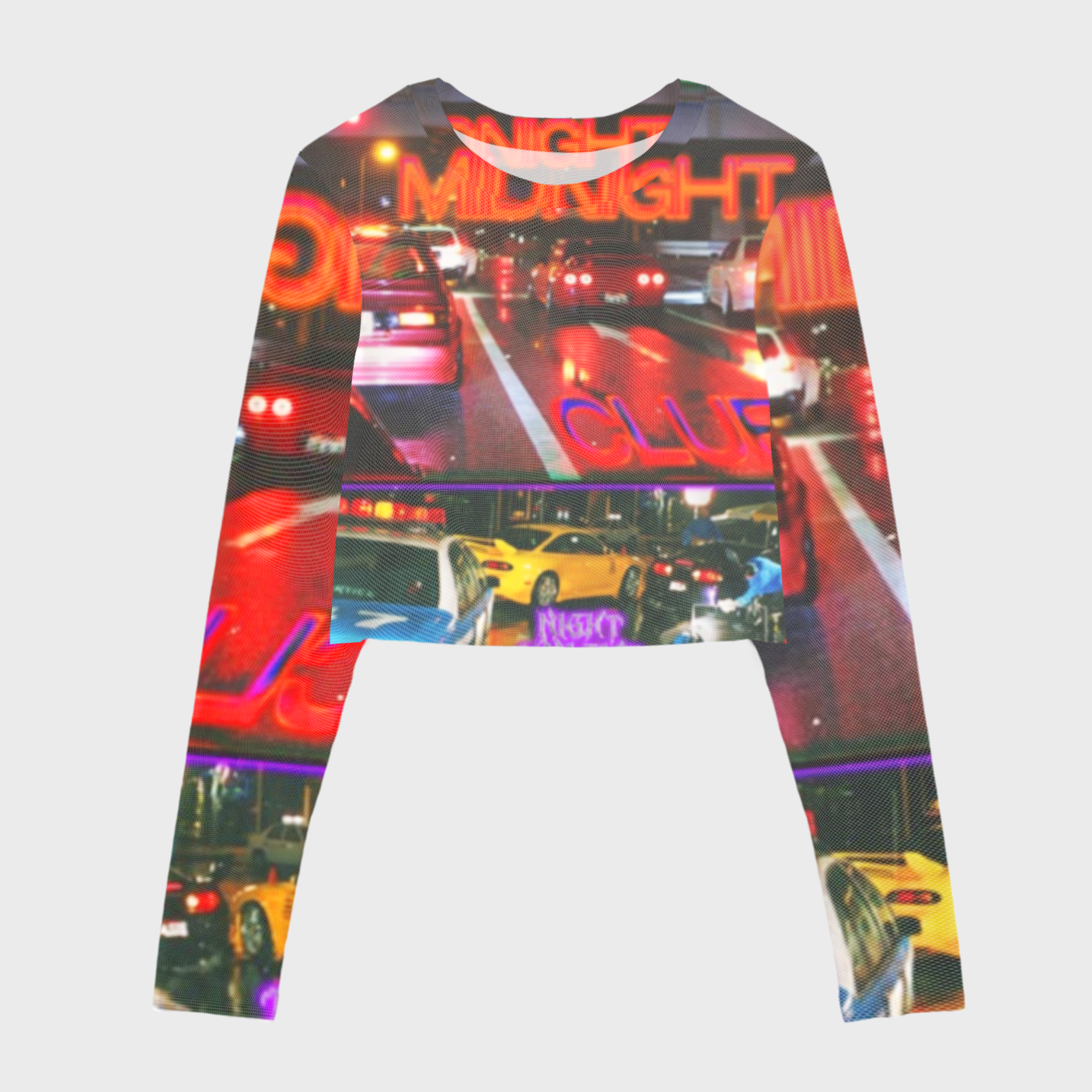 Neon Street Racing Theme Print Mesh Crop Long Sleeves