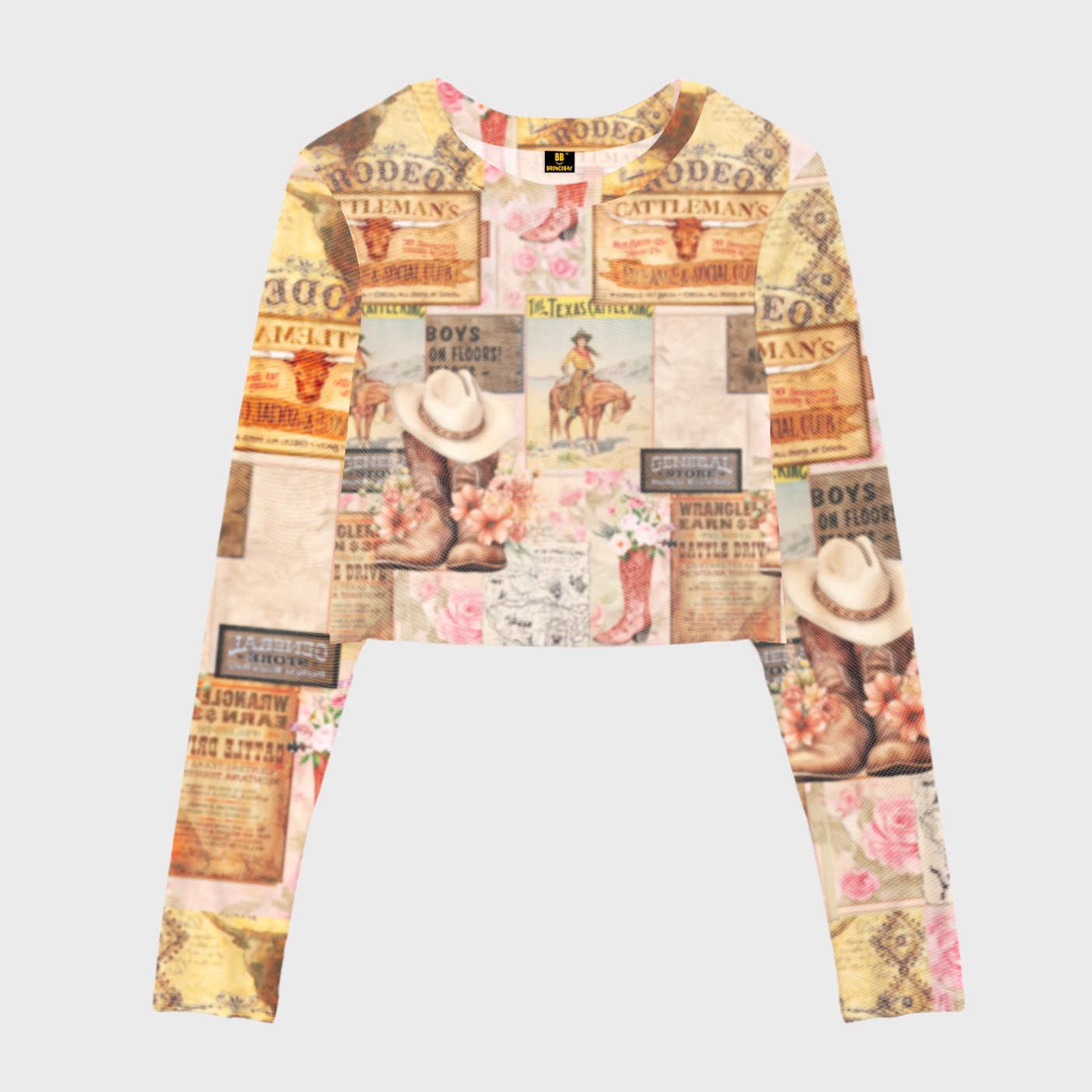 Retro Western Element Collage Print Mesh Crop Long Sleeves