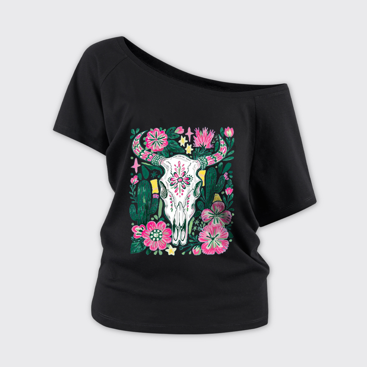 Western Floral Cow Skull Off Shoulder Top