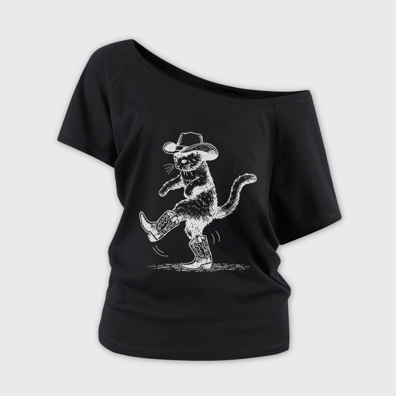 Cowboy Cat Looking For Fish Off Shoulder Top