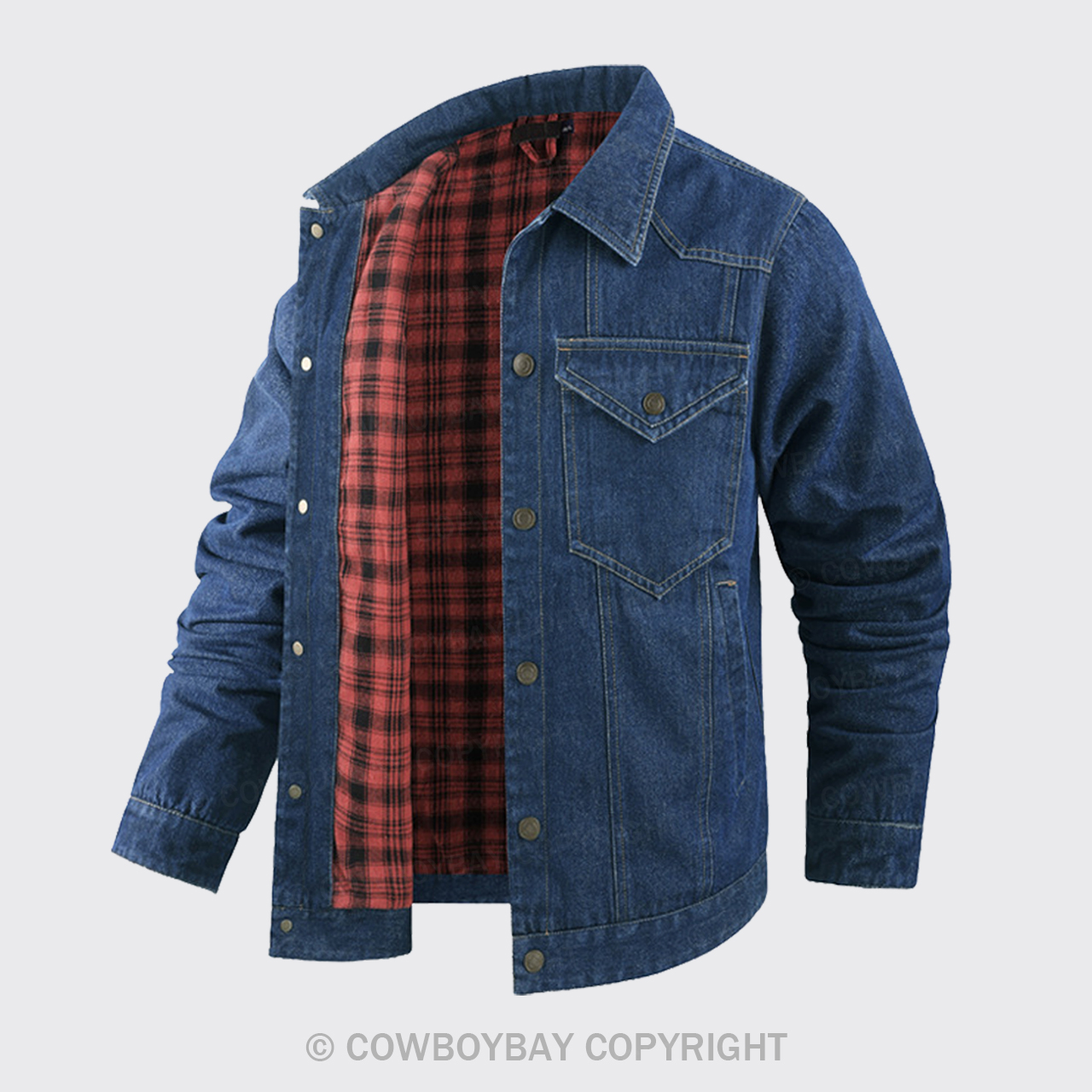 Western Plaid Dark Blue Flannel Denim Jacket