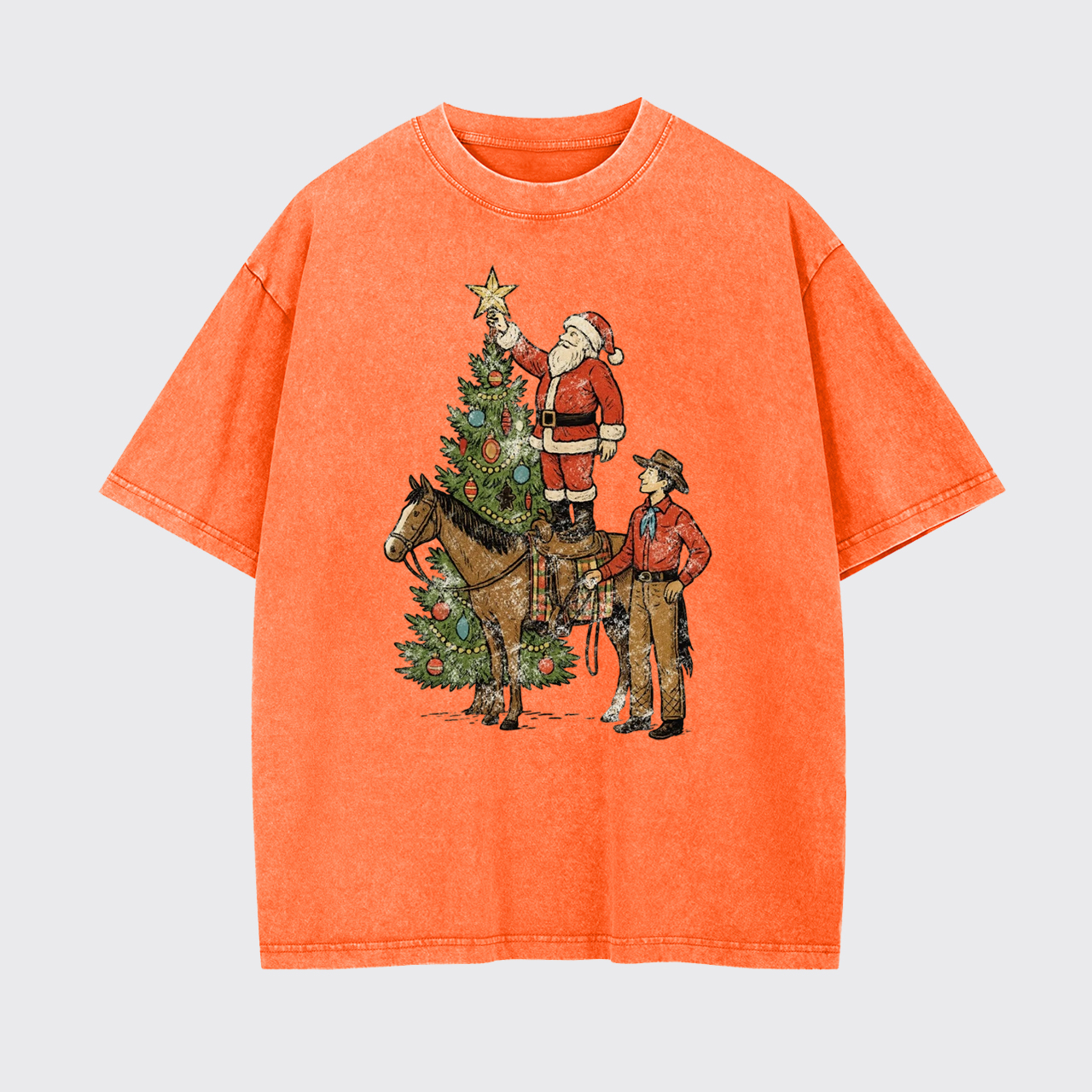 Vintage Santa and Cowboy Christmas Tree Garment-dye Tees