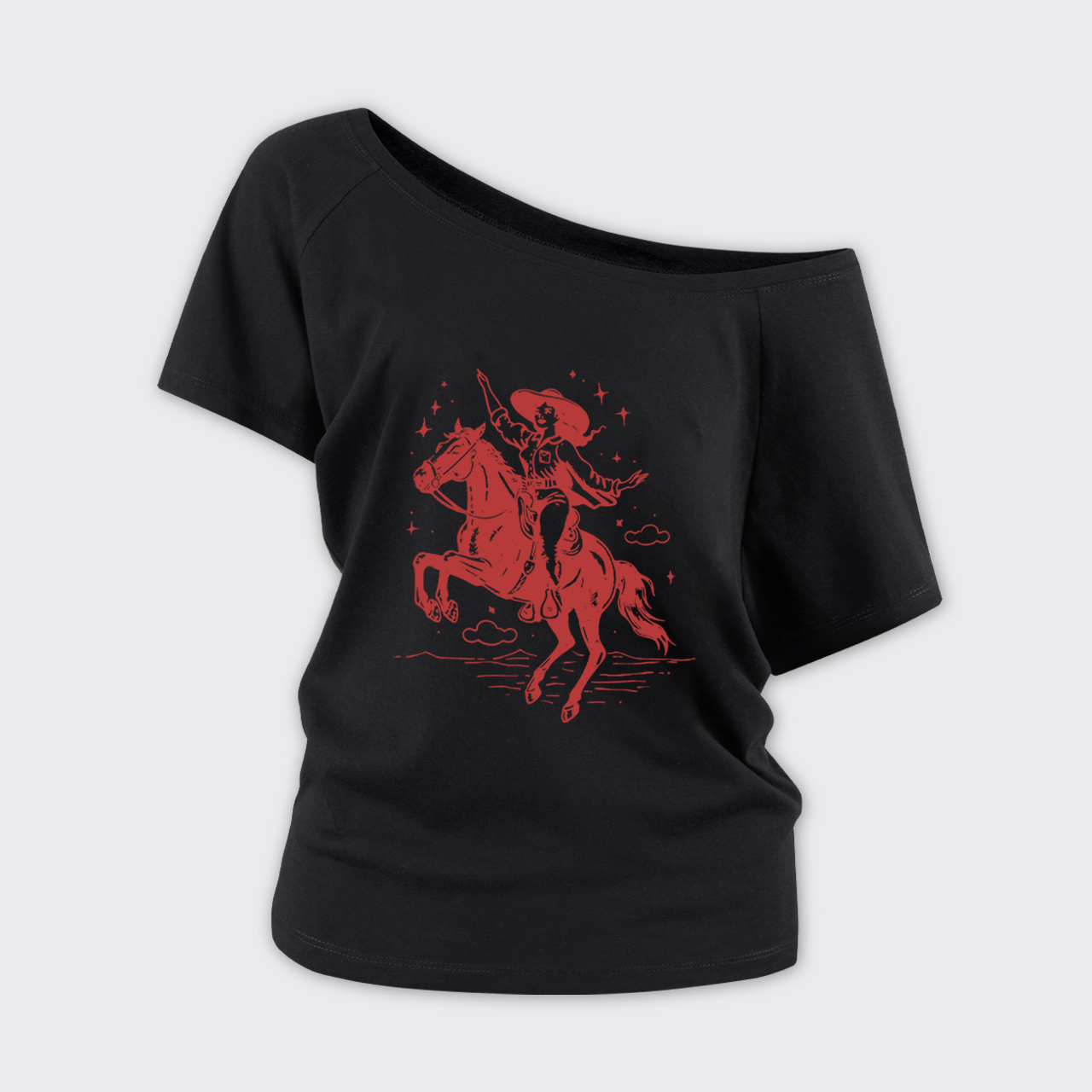 Rodeo Cowgirl Riding Horse Off Shoulder Top
