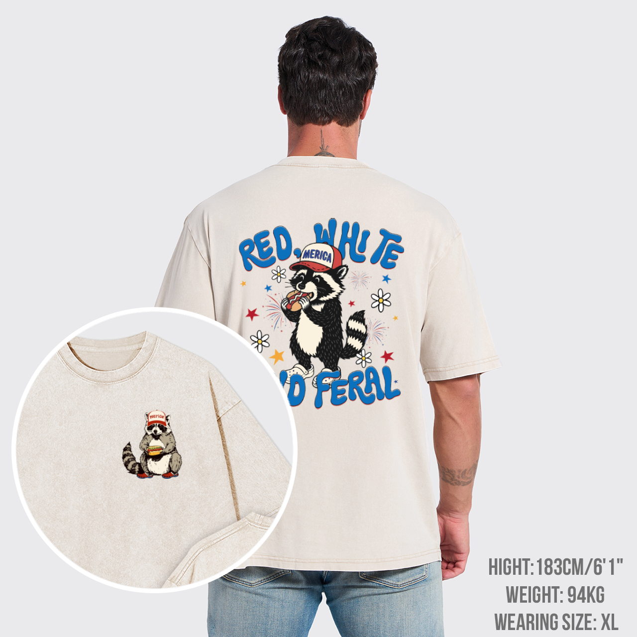 Funny Raccoon-Red White And Feral Garment-dye Tees